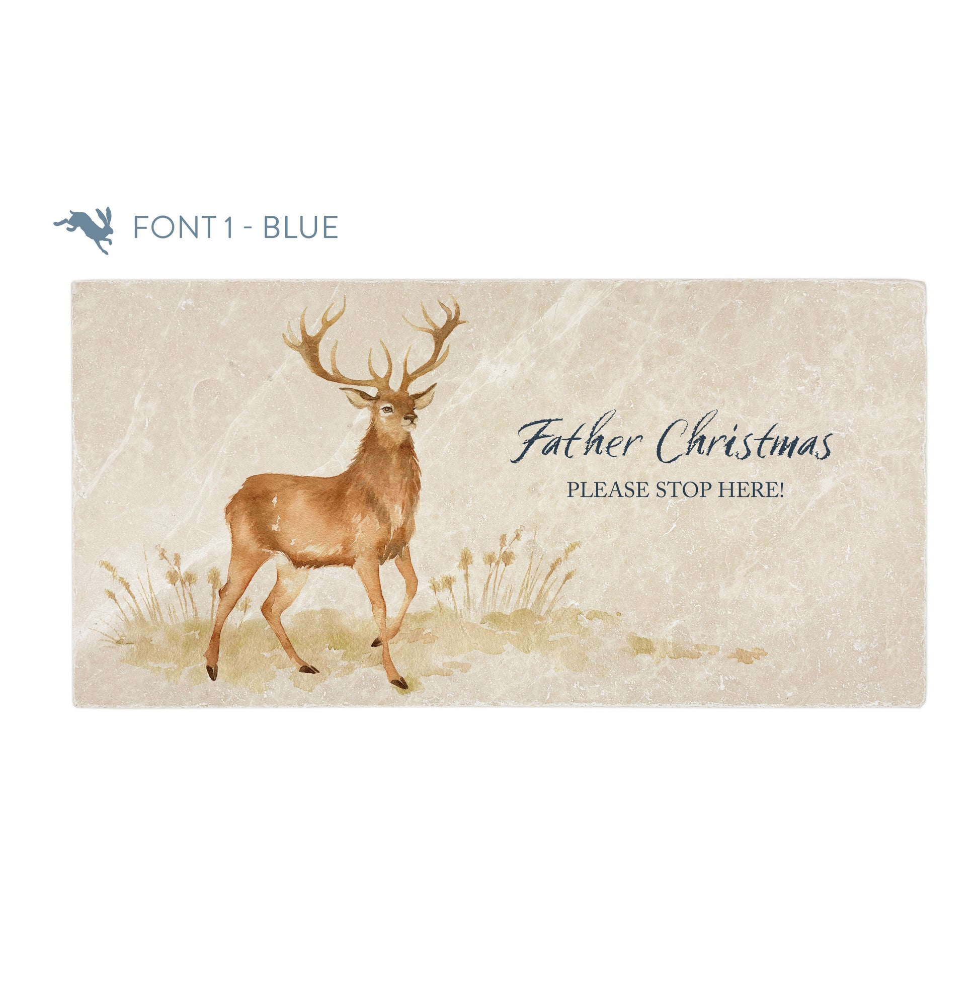 A personalised rectangular marble sharing platter featuring a stag in a watercolour style. The example personalised dark blue text reads ‘Father Christmas, please stop here’ in a brush script font.