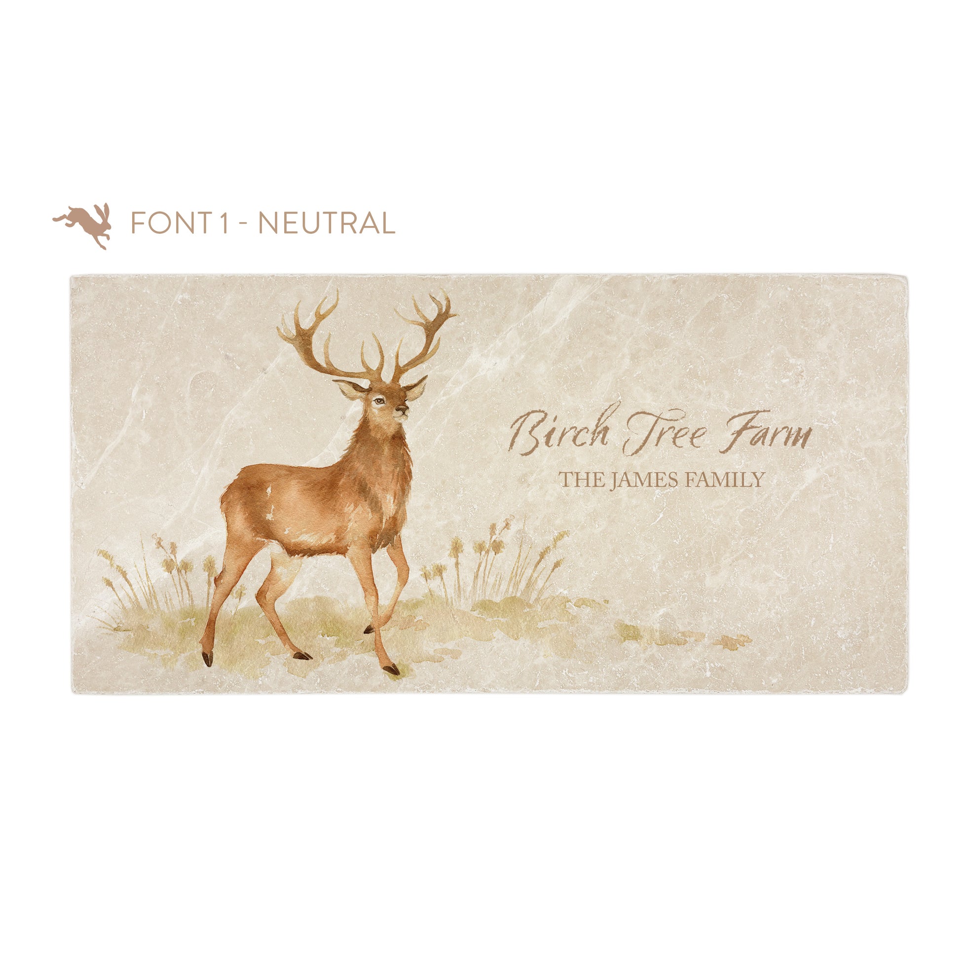 A personalised rectangular marble sharing platter featuring a stag in a watercolour style. The example personalised neutral colour text reads ‘Birch Tree Farm, The James Family’ in a brush script font.