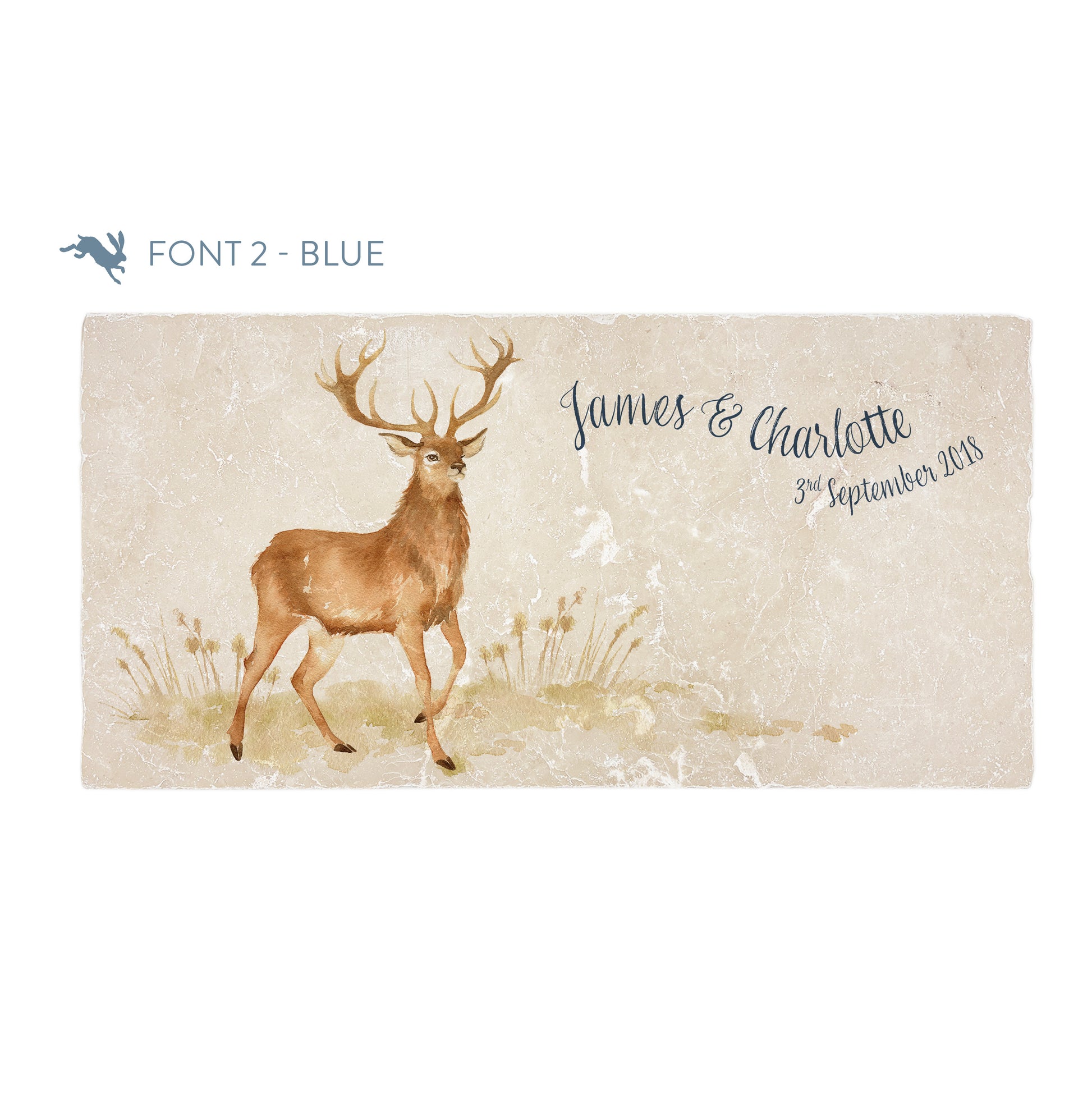 A personalised rectangular marble sharing platter featuring a stag in a watercolour style. The example personalised dark blue text reads ‘James & Charlotte, 3rd September 2018’ in a brush script font.