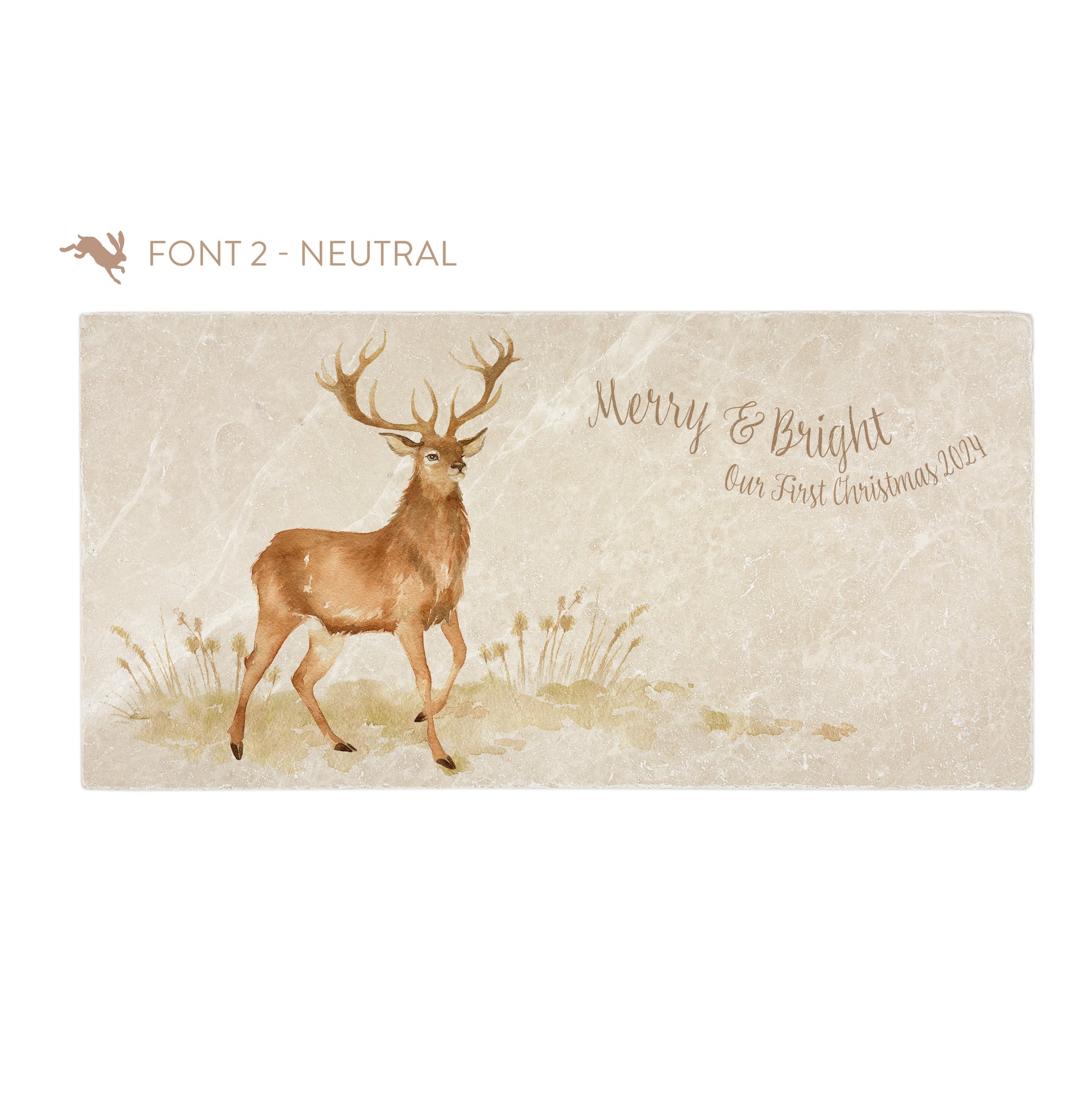A personalised rectangular marble sharing platter featuring a stag in a watercolour style. The example personalised neutral colour text reads ‘Merry & Bright, Our First Christmas 2024’ in a brush script font.