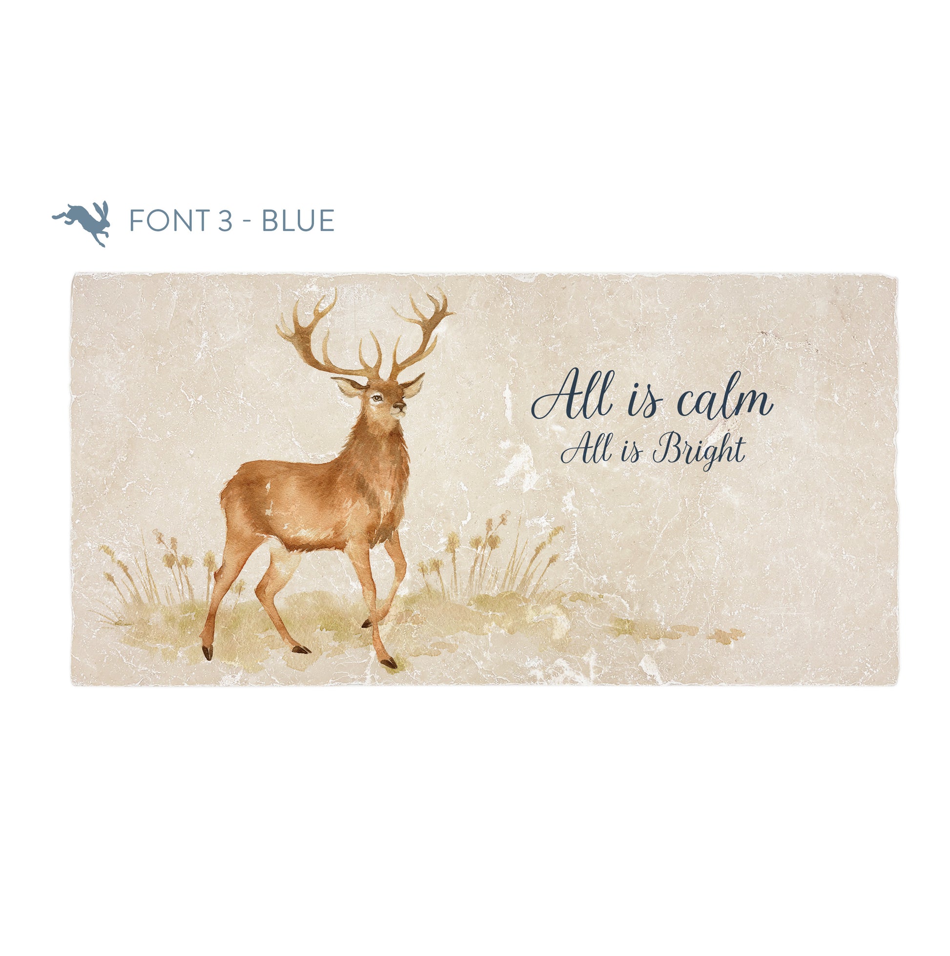 A personalised rectangular marble sharing platter featuring a stag in a watercolour style. The example personalised dark blue text reads ‘All is calm, all is bright’ in a brush script font.