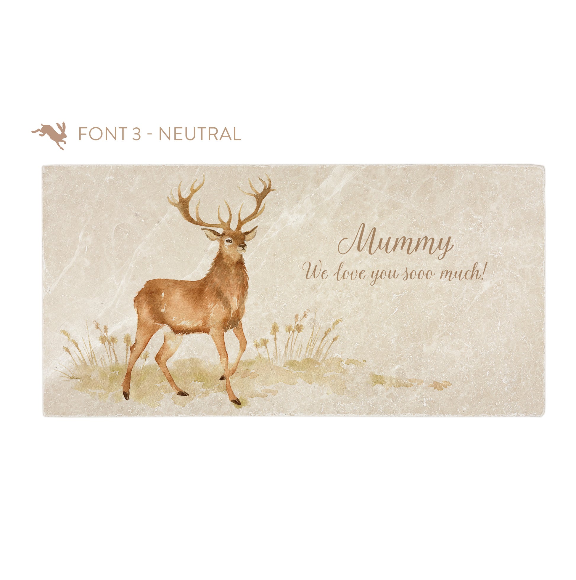 A personalised rectangular marble sharing platter featuring a stag in a watercolour style. The example personalised neutral colour text reads ‘Mummy we love you sooo much!' in a brush script font.
