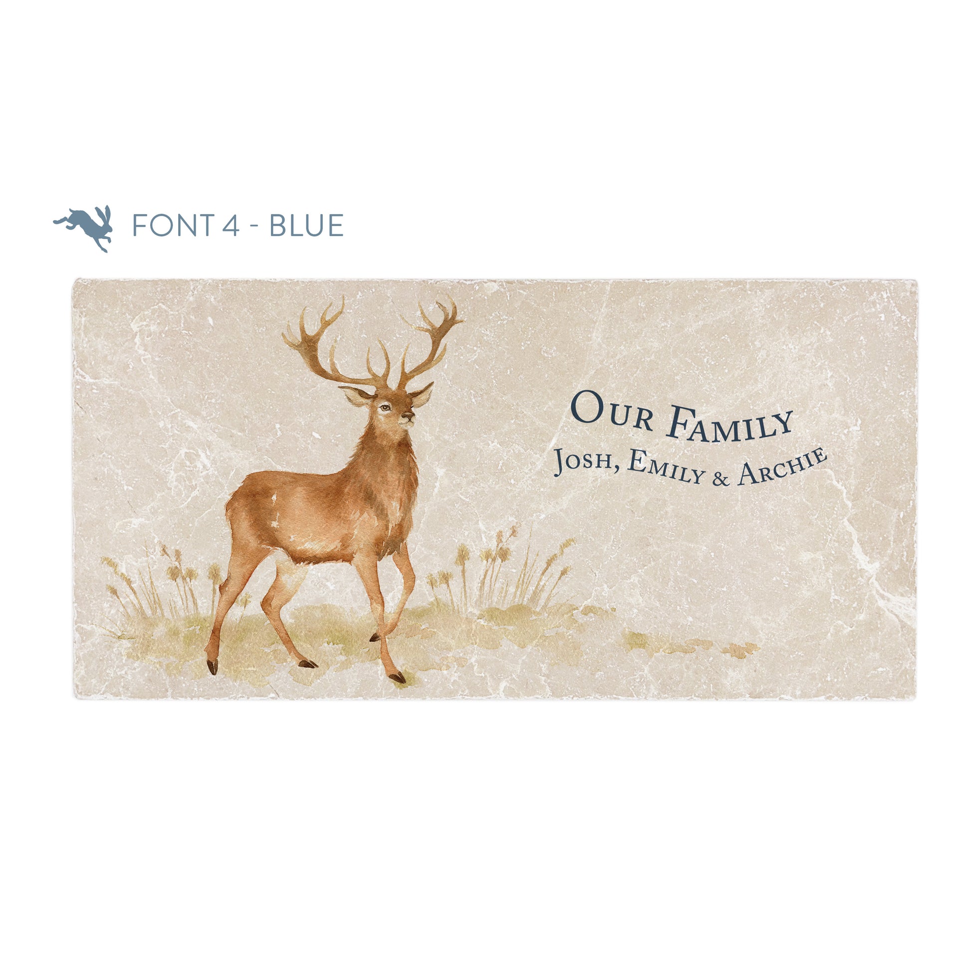 A personalised rectangular marble sharing platter featuring a stag in a watercolour style. The example personalised dark blue text reads ‘Our Family, Josh, Emily & Archie' in a classic serif font.
