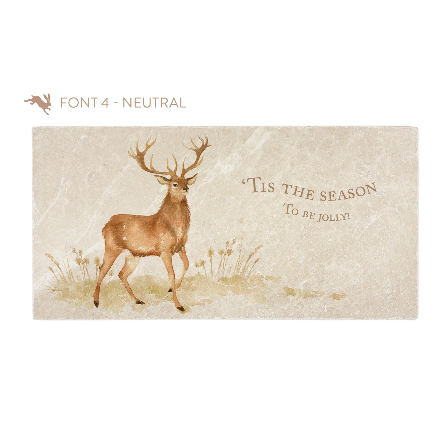 A personalised rectangular marble sharing platter featuring a stag in a watercolour style. The example personalised neutral colour text reads ‘Tis the season to be jolly' in a classic serif font.