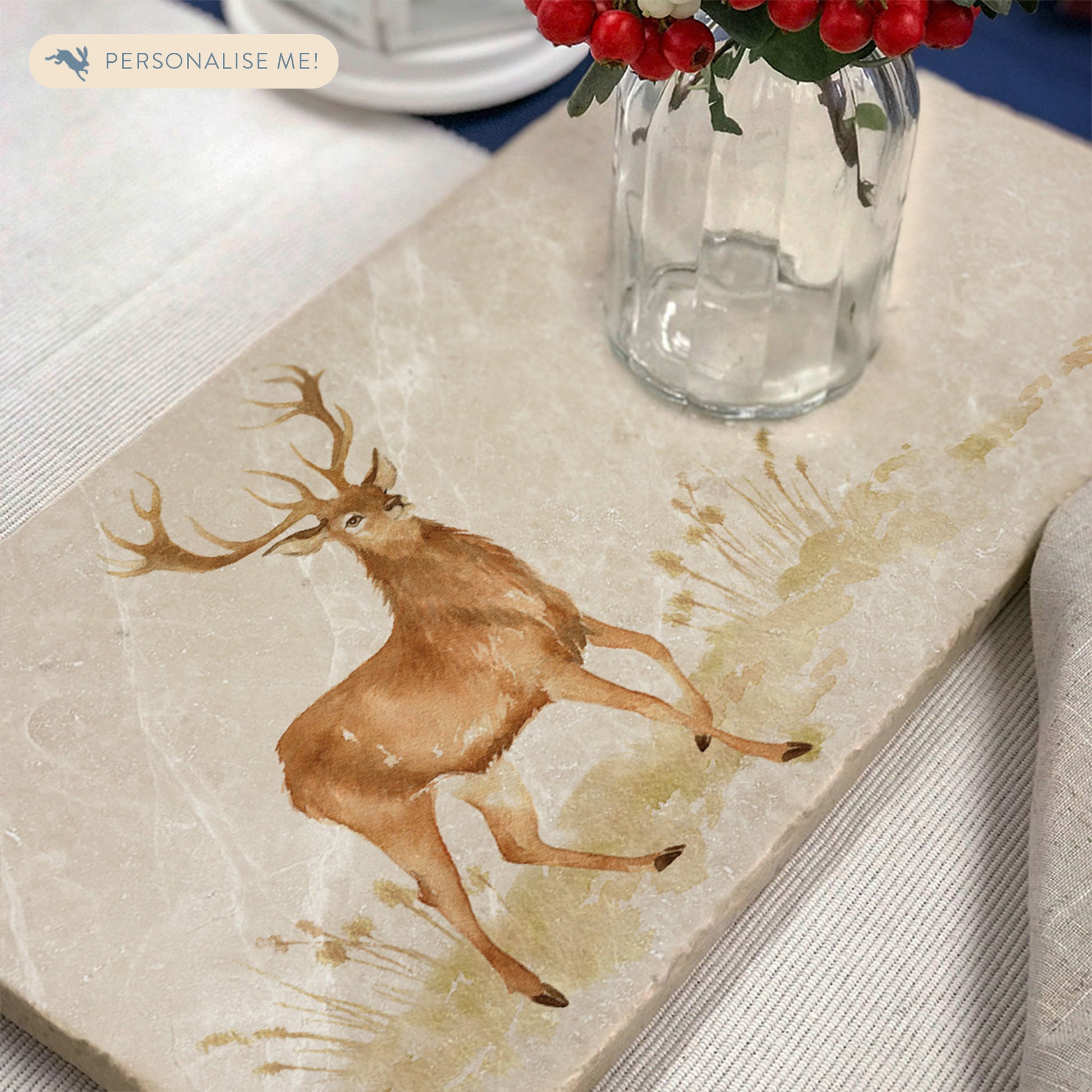 a handmade rectangular sharing platter featuring a noble stag in a watercolour style.