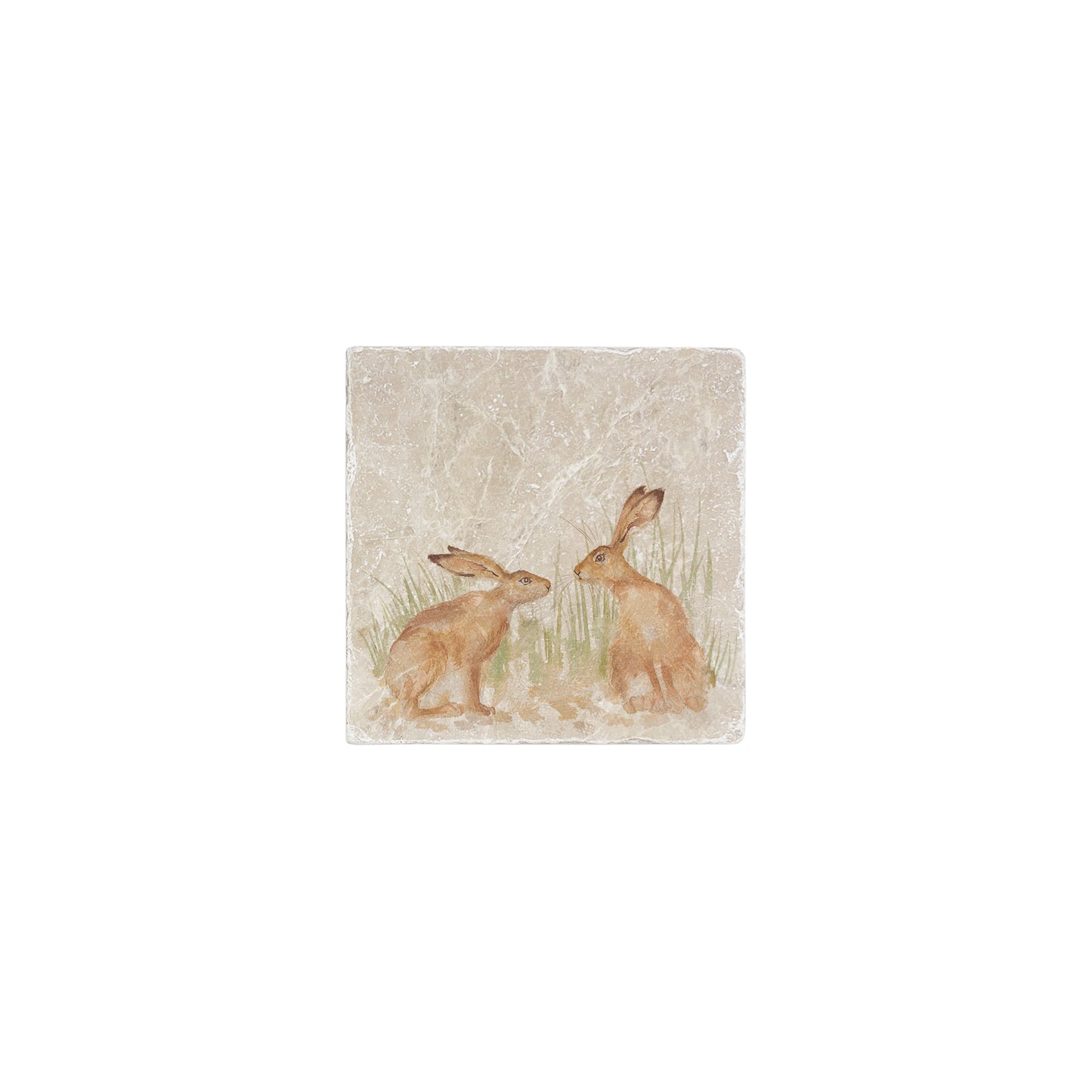 A 10x10cm cream marble splashback tile with a watercolour design featuring a pair of kissing hares.