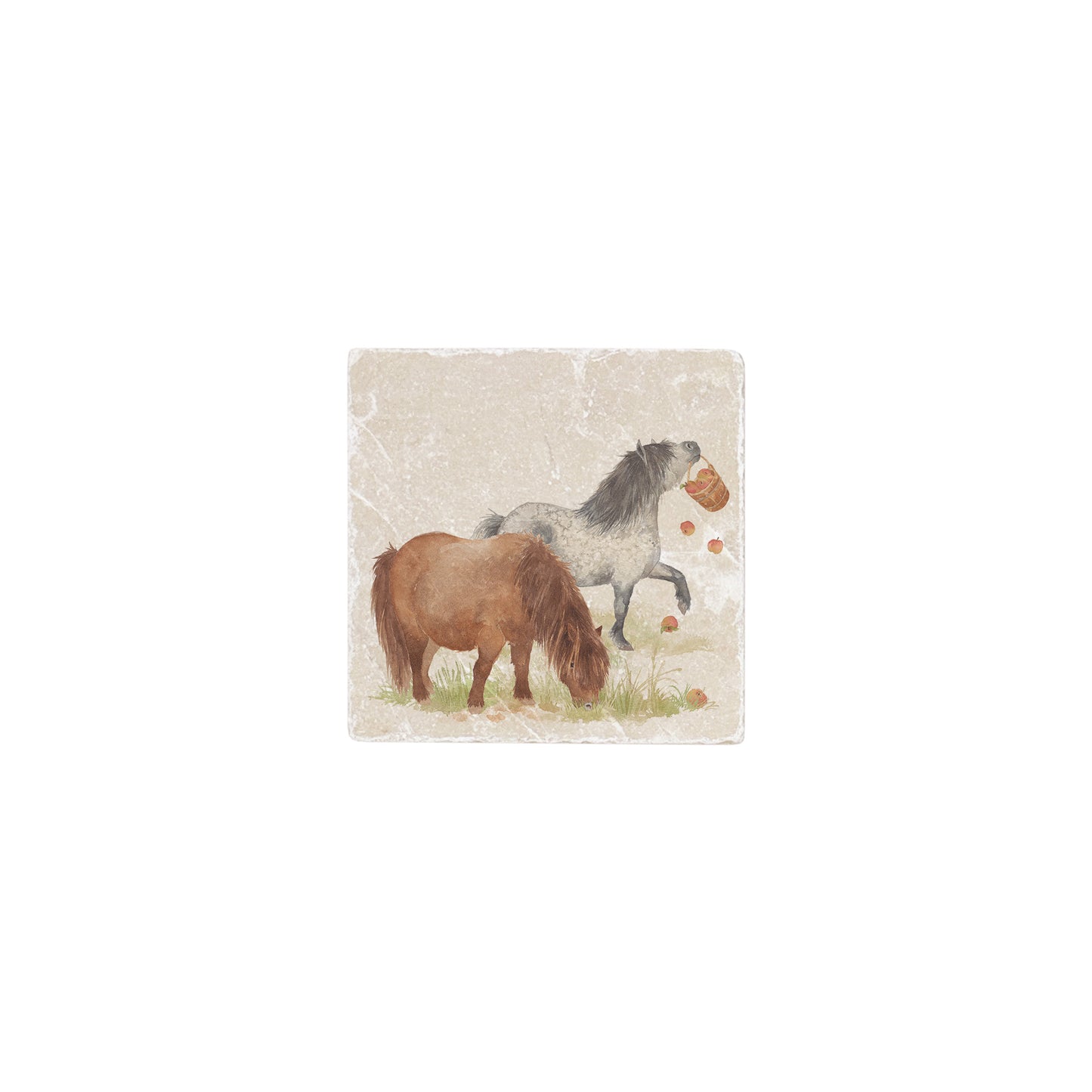 A 10x10cm cream marble splashback tile with a watercolour design featuring naughty Shetland ponies.