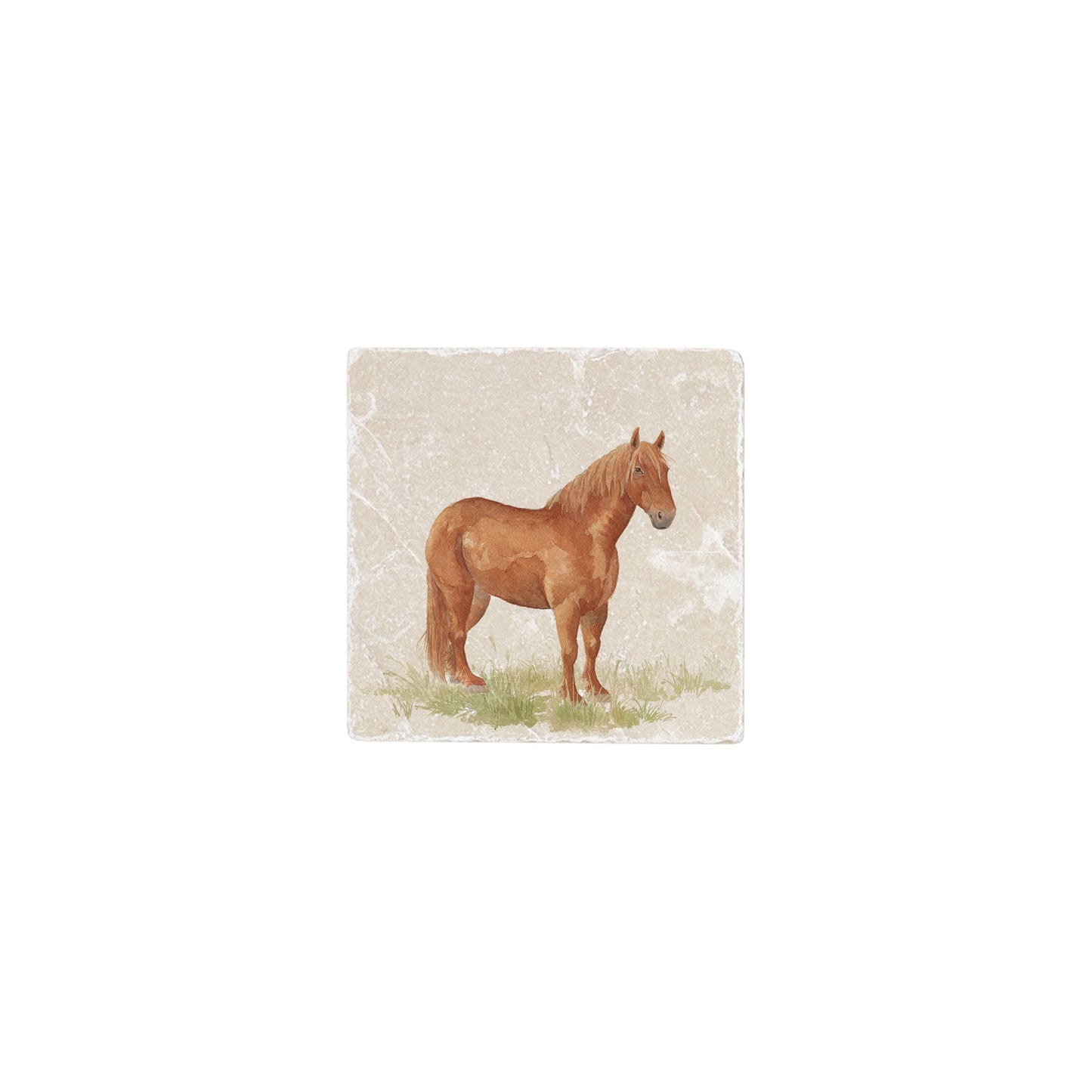 A 10x10cm cream marble splashback tile with a watercolour design featuring a Suffolk Punch horse.