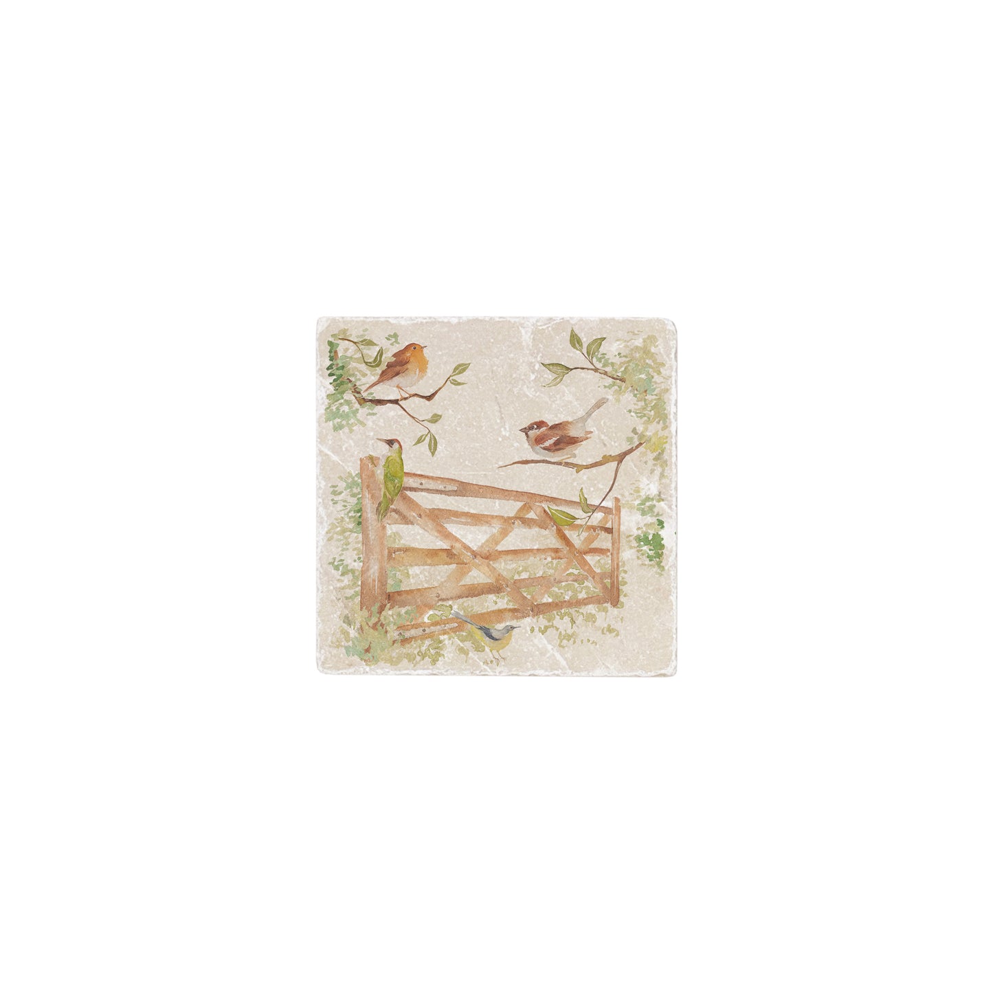 A 10x10cm cream marble splashback tile with a watercolour design featuring garden birds in the hedgerow around a paddock gate.