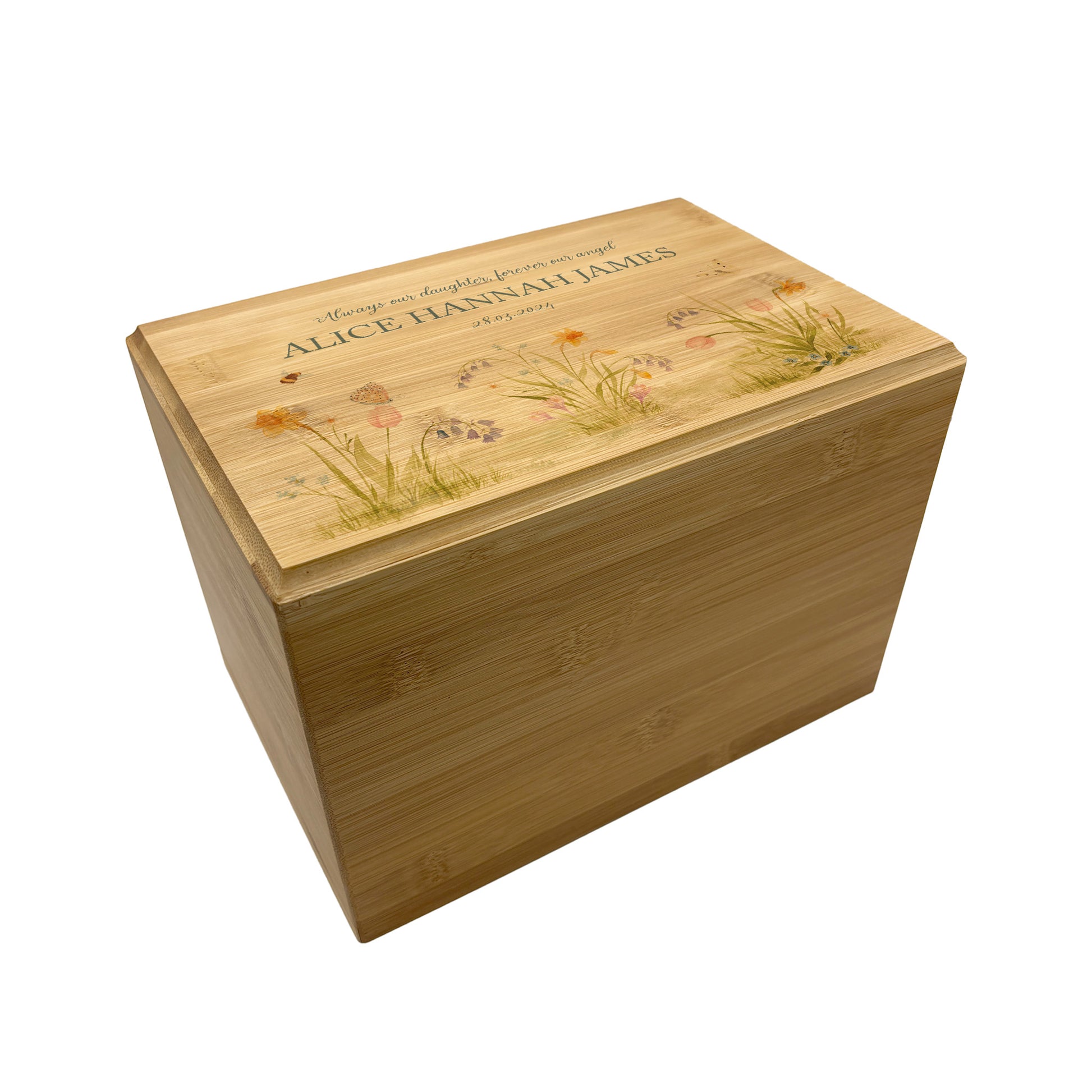 A beautifully crafted solid Bamboo wooden urn, personalised and finished with a soft watercolour design of Spring Flowers for the person who loved flowers and being in the Garden. Thoughtfully made for either display or burial, this personalised urn can be customised to create a meaningful memorial. Perfect for holding ashes of a loved one or a beloved pet, it serves as a comforting tribute and keepsake.