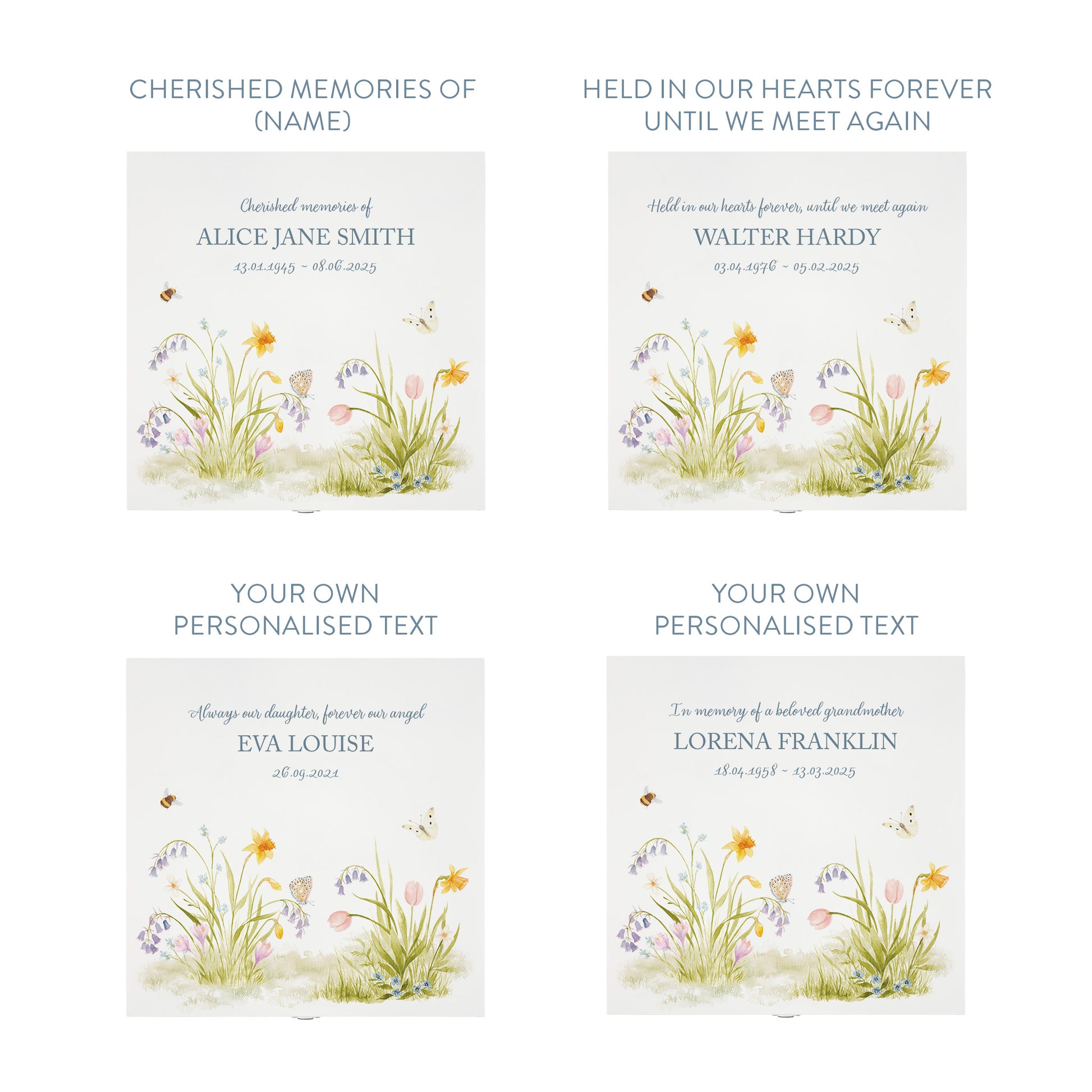 White Square personalised Wooden box with a decorative lid featuring illustrations of a Spring Flower Garden  Perfect funeral memory keepsake box, for storing ashes, order of service, flowers and capturing your loved ones things in one place