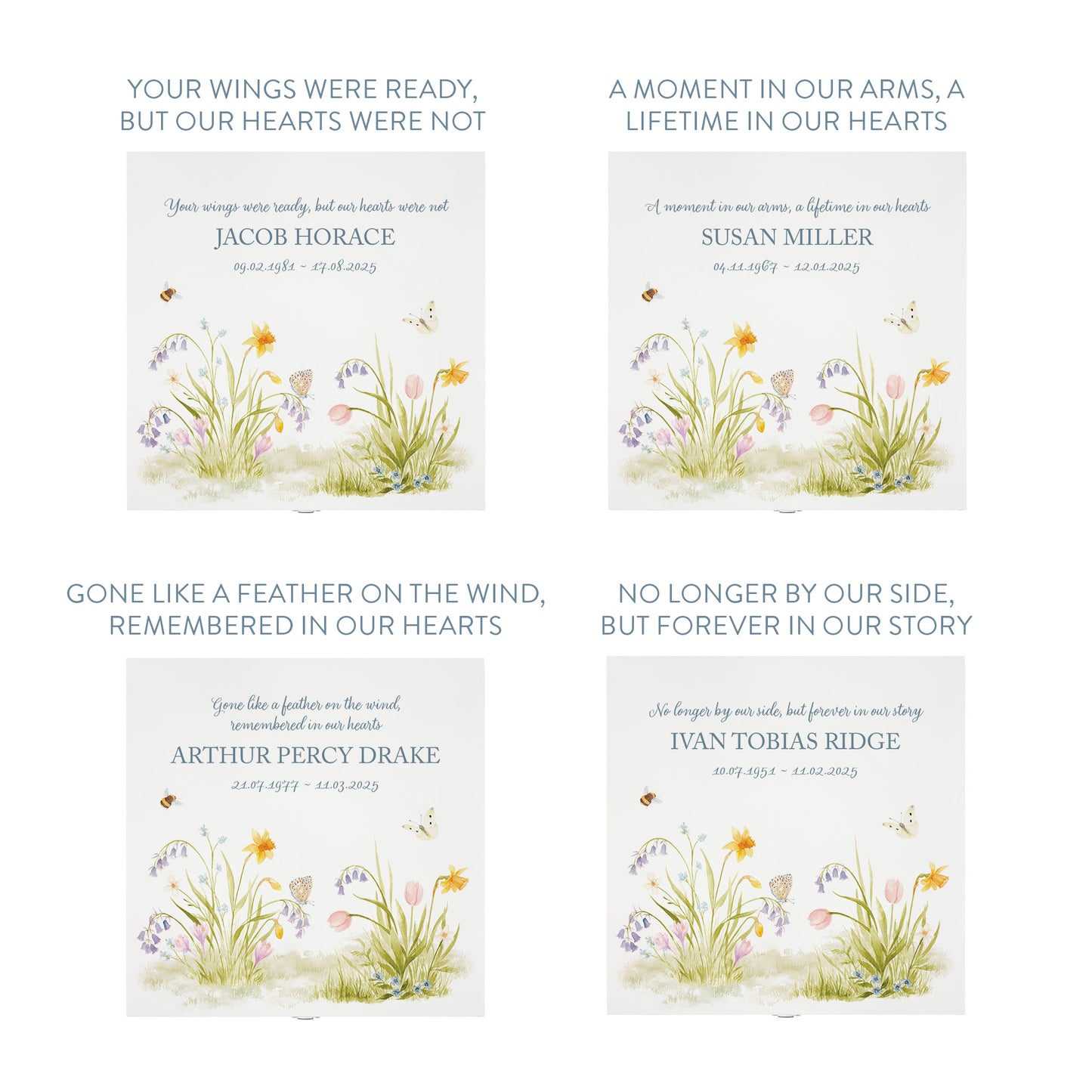 White Square personalised Wooden box with a decorative lid featuring illustrations of a Spring Flower Garden Perfect funeral memory keepsake box, for storing ashes, order of service, flowers and capturing your loved ones things in one place