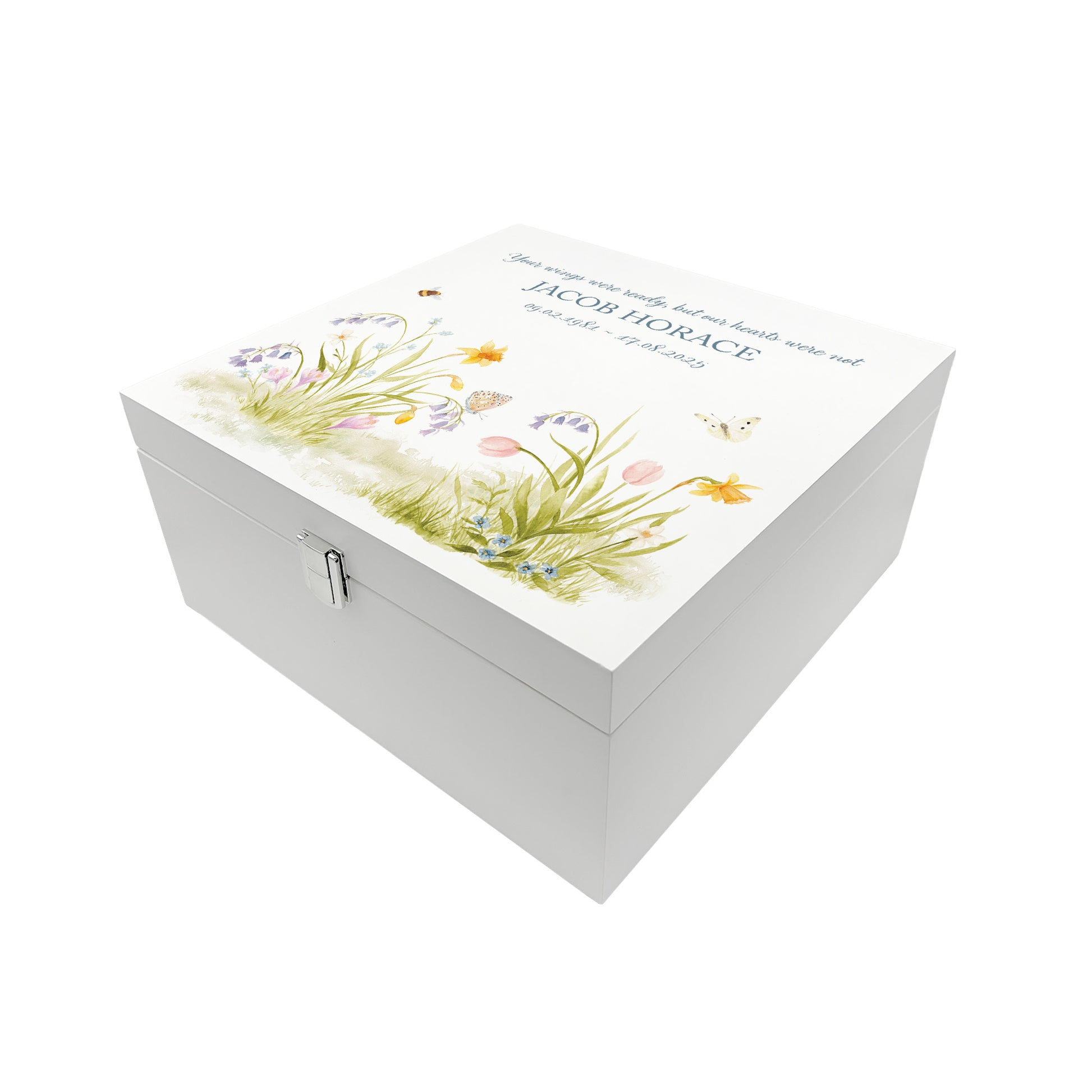 White Square personalised Wooden box with a decorative lid featuring illustrations of a Spring Flower Garden  Perfect funeral memory keepsake box, for storing ashes, order of service, flowers and capturing your loved ones things in one place