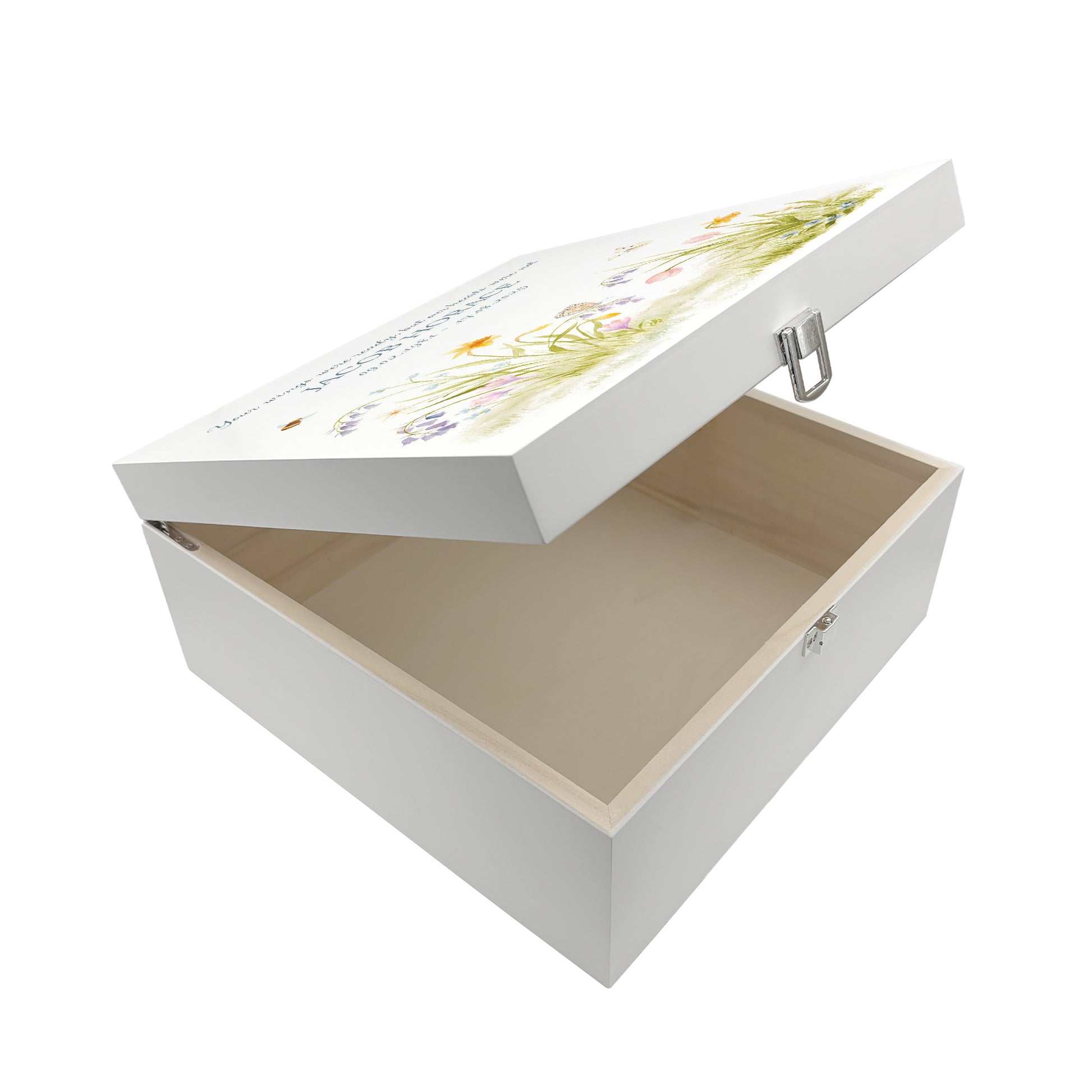 White Square personalised Wooden box with a decorative lid featuring illustrations of a Spring Flower Garden  Perfect funeral memory keepsake box, for storing ashes, order of service, flowers and capturing your loved ones things in one place