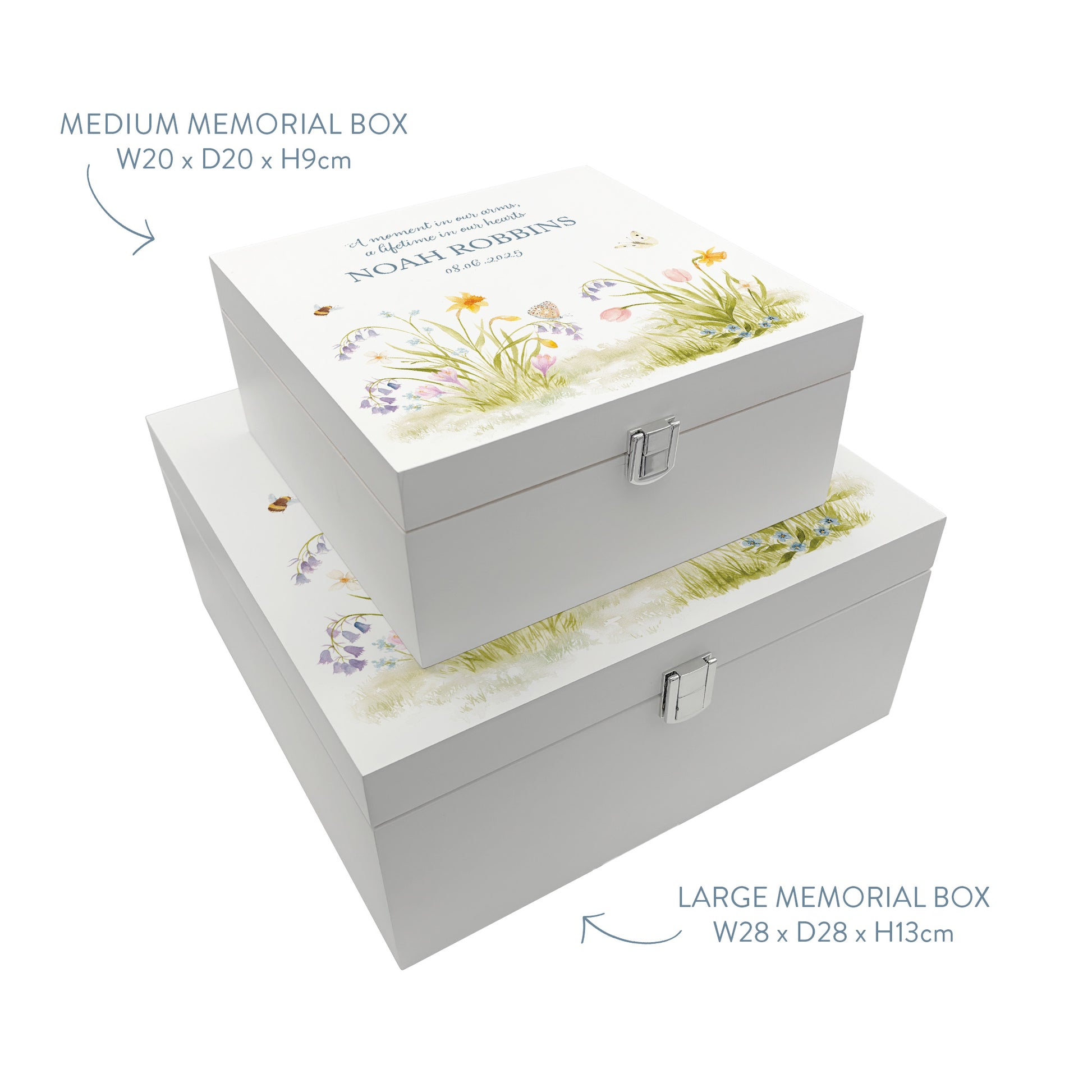 White Square personalised Wooden box with a decorative lid featuring illustrations of a Spring Flower Garden  Perfect funeral memory keepsake box, for storing ashes, order of service, flowers and capturing your loved ones things in one place