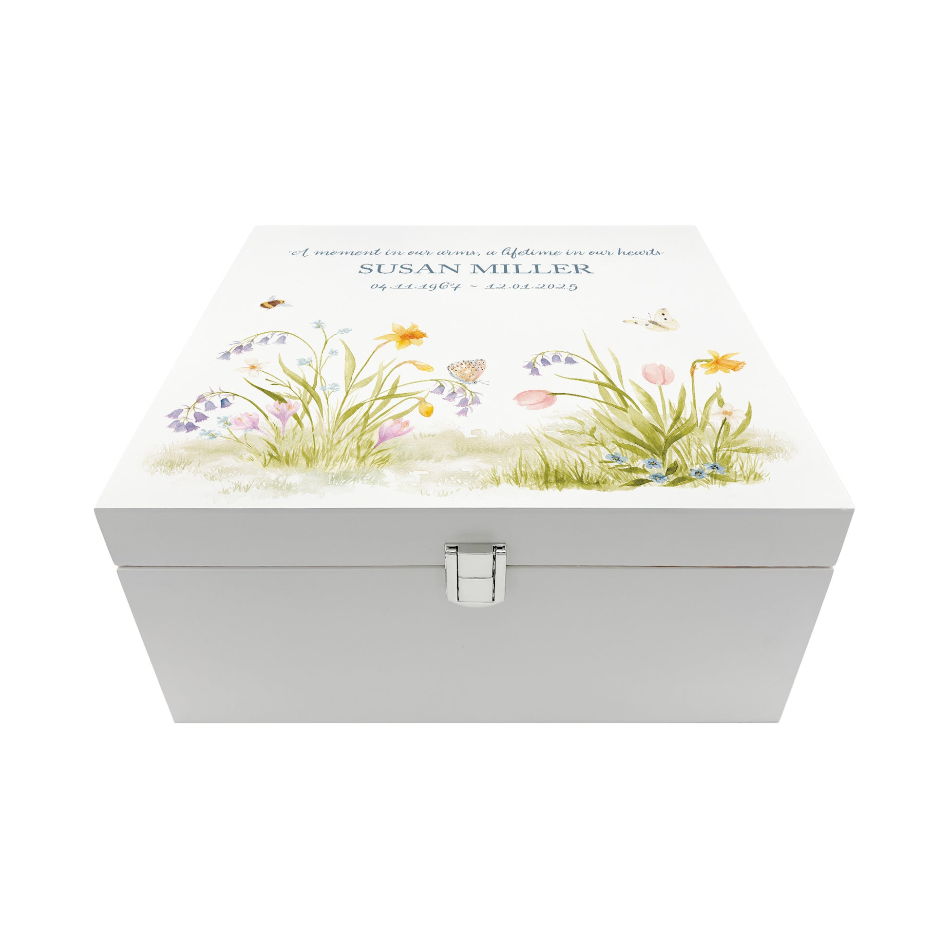 White Square personalised Wooden box with a decorative lid featuring illustrations of a Spring Flower Garden  Perfect funeral memory keepsake box, for storing ashes, order of service, flowers and capturing your loved ones things in one place