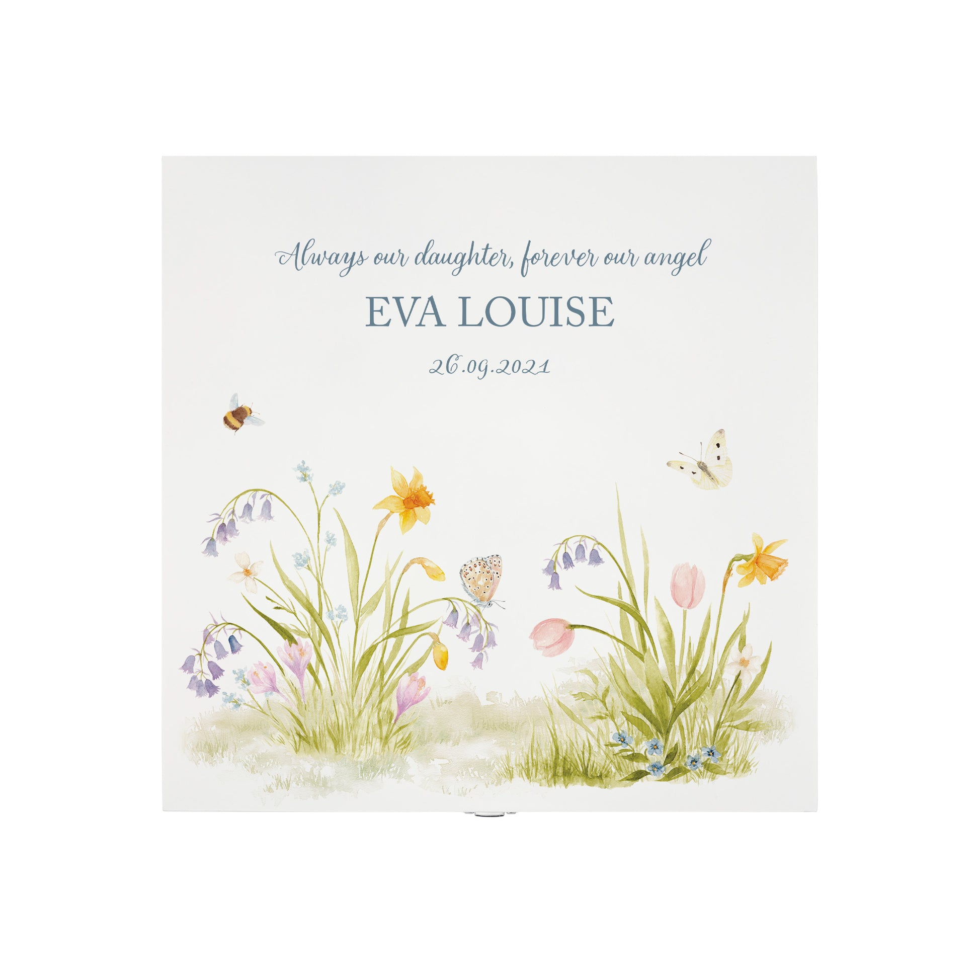 White Square personalised Wooden box with a decorative lid featuring illustrations of a Spring Flower Garden  Perfect funeral memory keepsake box, for storing ashes, order of service, flowers and capturing your loved ones things in one place