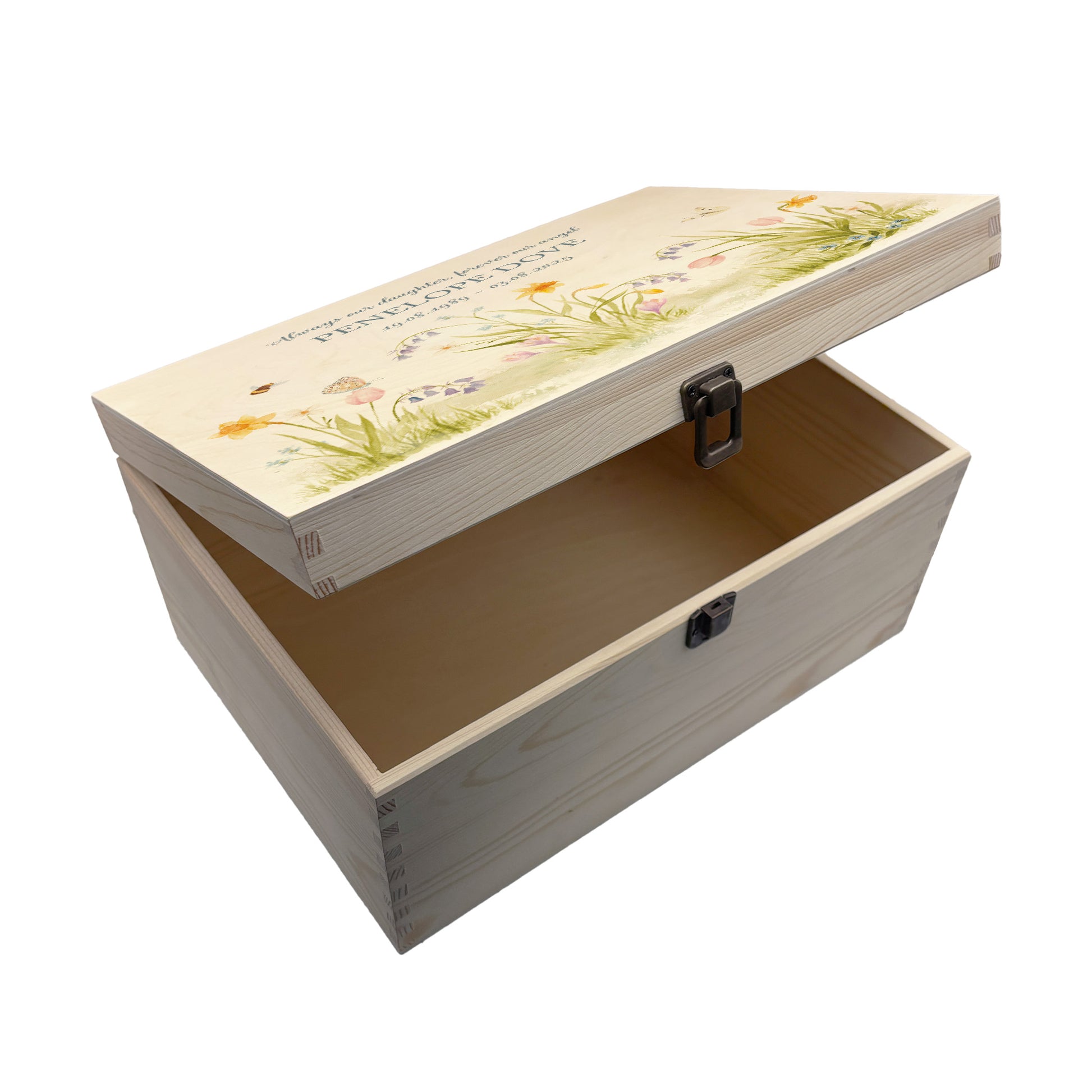 Wooden box with a decorative lid featuring illustrations of a spring Flower Garden with bees, Perfect funeral memory keepsake box, for storing ashes, order of service, flowers, Funeral Box