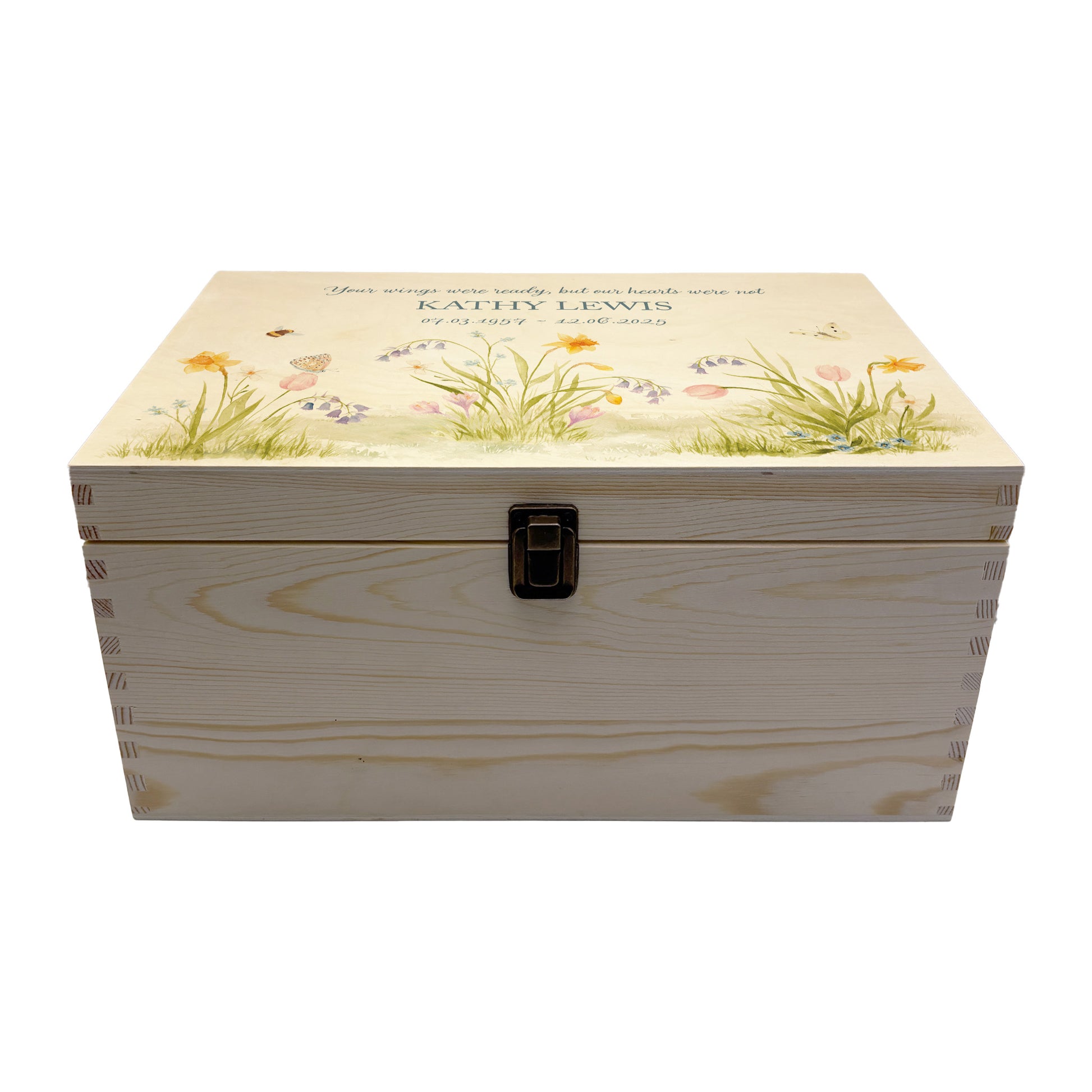Wooden box with a decorative lid featuring illustrations of a spring Flower Garden with bees, Perfect funeral memory keepsake box, for storing ashes, order of service, flowers, Funeral Box