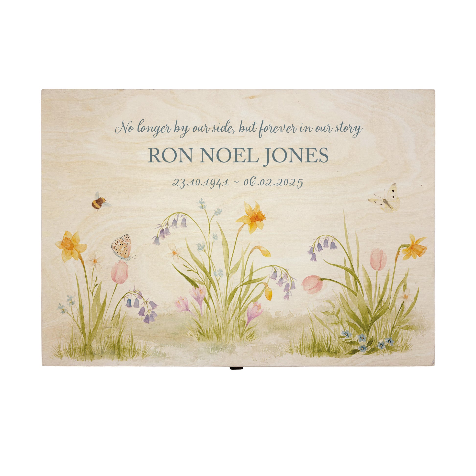 Wooden box with a decorative lid featuring illustrations of a spring Flower Garden with bees, Perfect funeral memory keepsake box, for storing ashes, order of service, flowers, Funeral Box