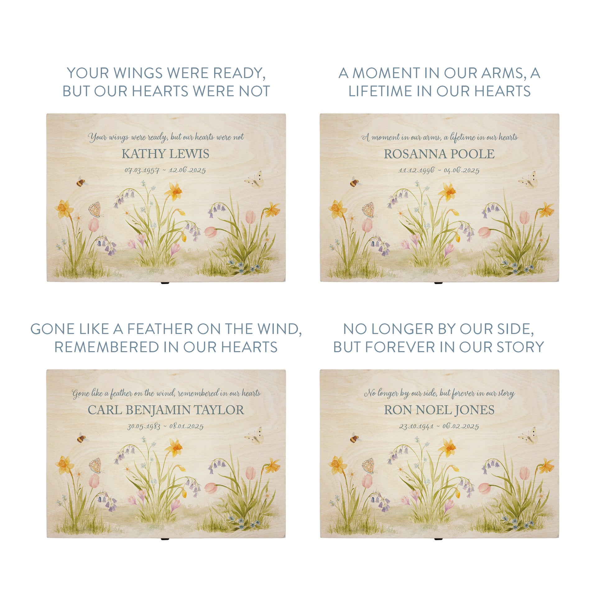 Wooden box with a decorative lid featuring illustrations of a spring Flower Garden with bees, Perfect funeral memory keepsake box, for storing ashes, order of service, flowers, Funeral Box