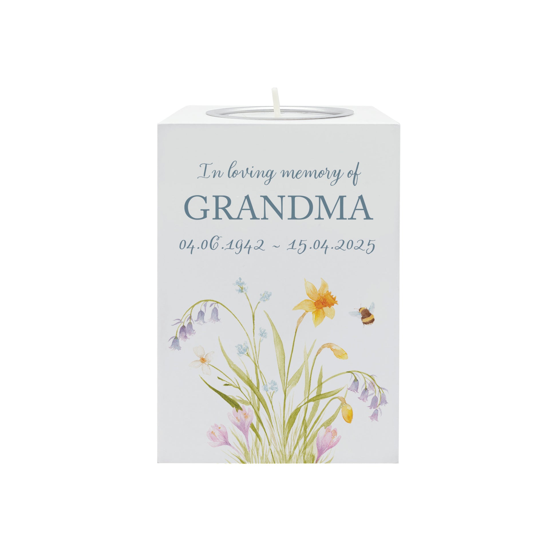wooden cuboid luxury tealight holder with gorgeous personalised options . Each product is lovingly designed, handmade with our Countryside inspired watercolour designs. This design features a Spring Flowers and buzzy bees,  unique designs to remember a loved on, great for memorial occasions