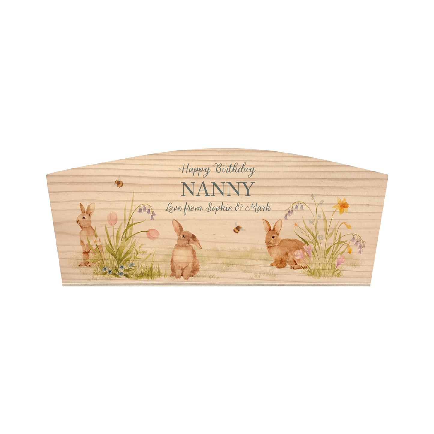 An arched wooden planter box with a watercolour design of cute bunny rabbits among spring flowers. The planter can be personalised with names and a selection of phrases for wedding, anniversary, engagement, birthday or new home gifts.