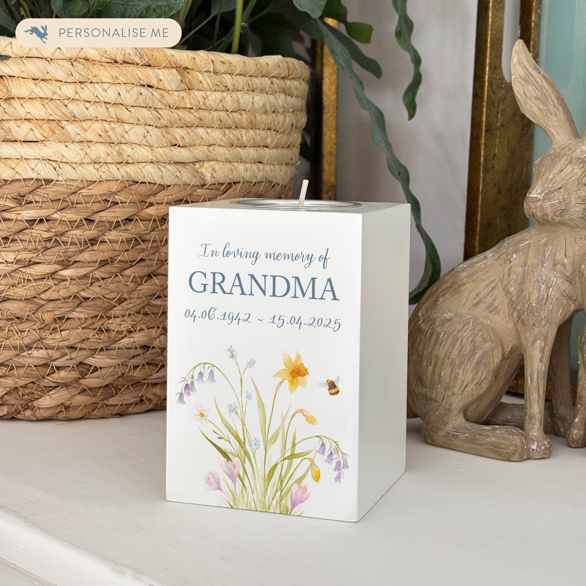 wooden cuboid luxury tealight holder with gorgeous personalised options . Each product is lovingly designed, handmade with our Countryside inspired watercolour designs. This design features a Spring Flowers and buzzy bees,  unique designs to remember a loved on, great for memorial occasions