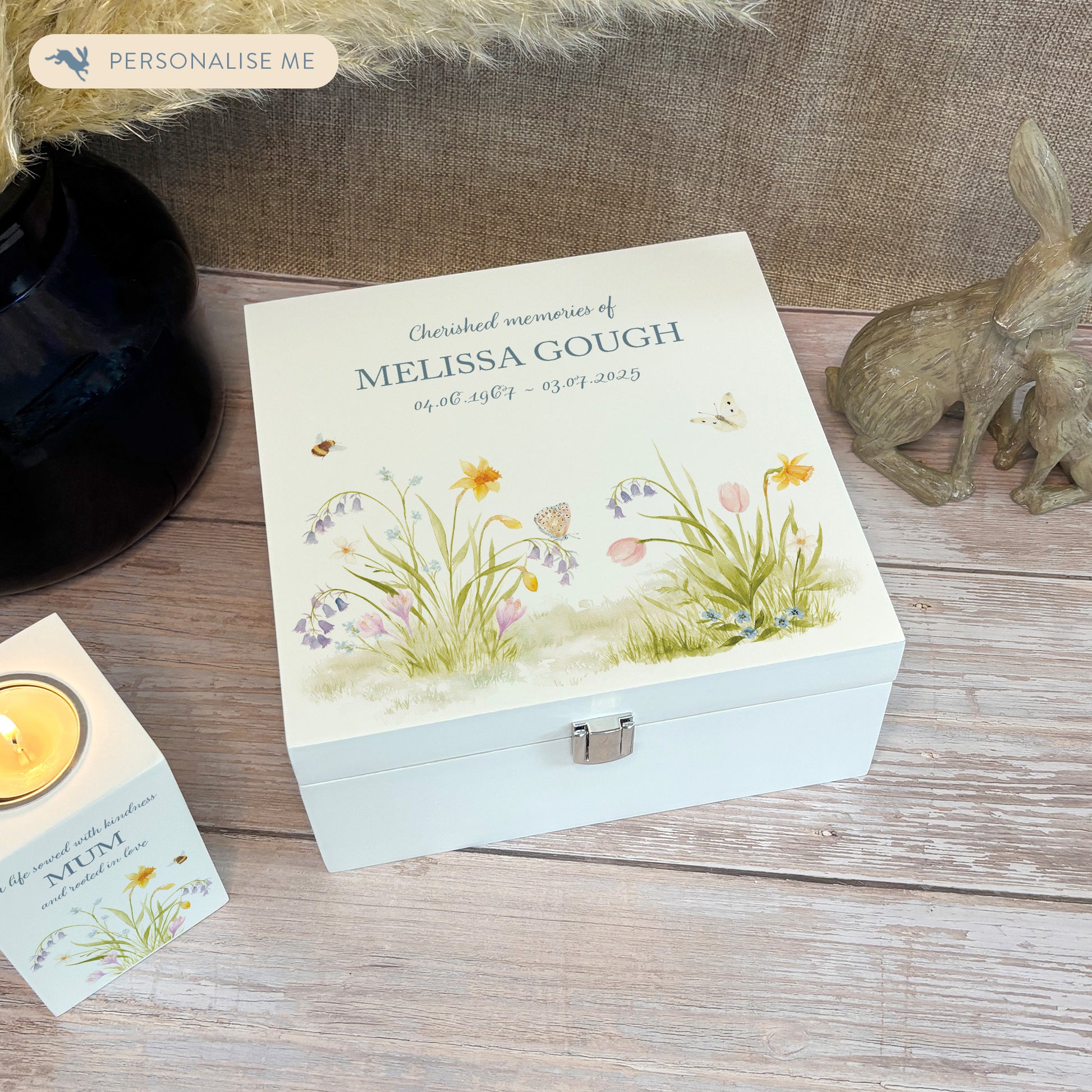 White Square personalised Wooden box with a decorative lid featuring illustrations of a Spring Flower Garden  Perfect funeral memory keepsake box, for storing ashes, order of service, flowers and capturing your loved ones things in one place