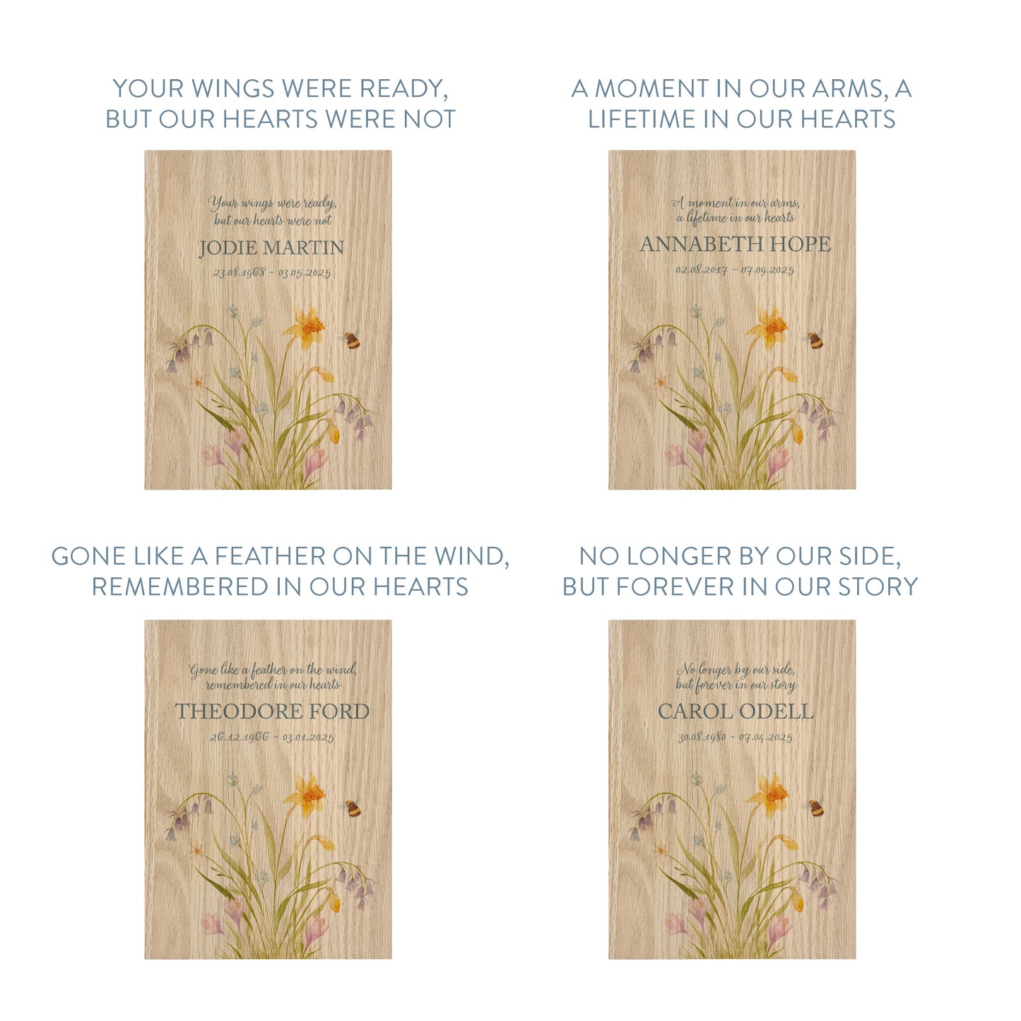 Memorial Solid Oak Photo Frame, personalise with your own message or select from our drop down selection. handmade watercolour paintings, this design features a Spring Flowers with a buzzy bee