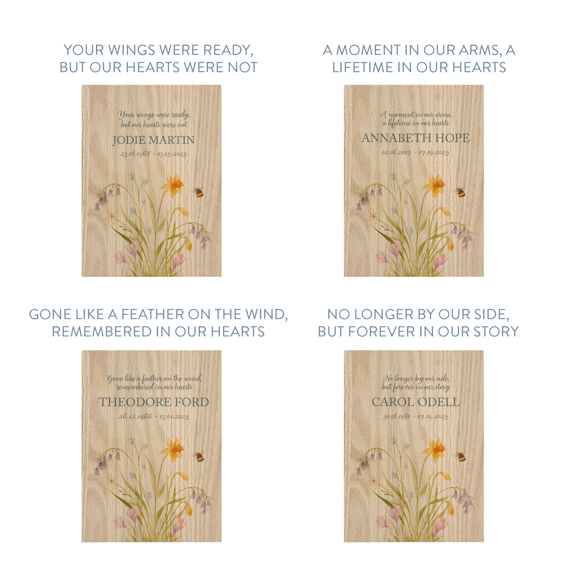 Memorial Solid Oak Photo Frame, personalise with your own message or select from our drop down selection. handmade watercolour paintings, this design features a Spring Flowers with a buzzy bee