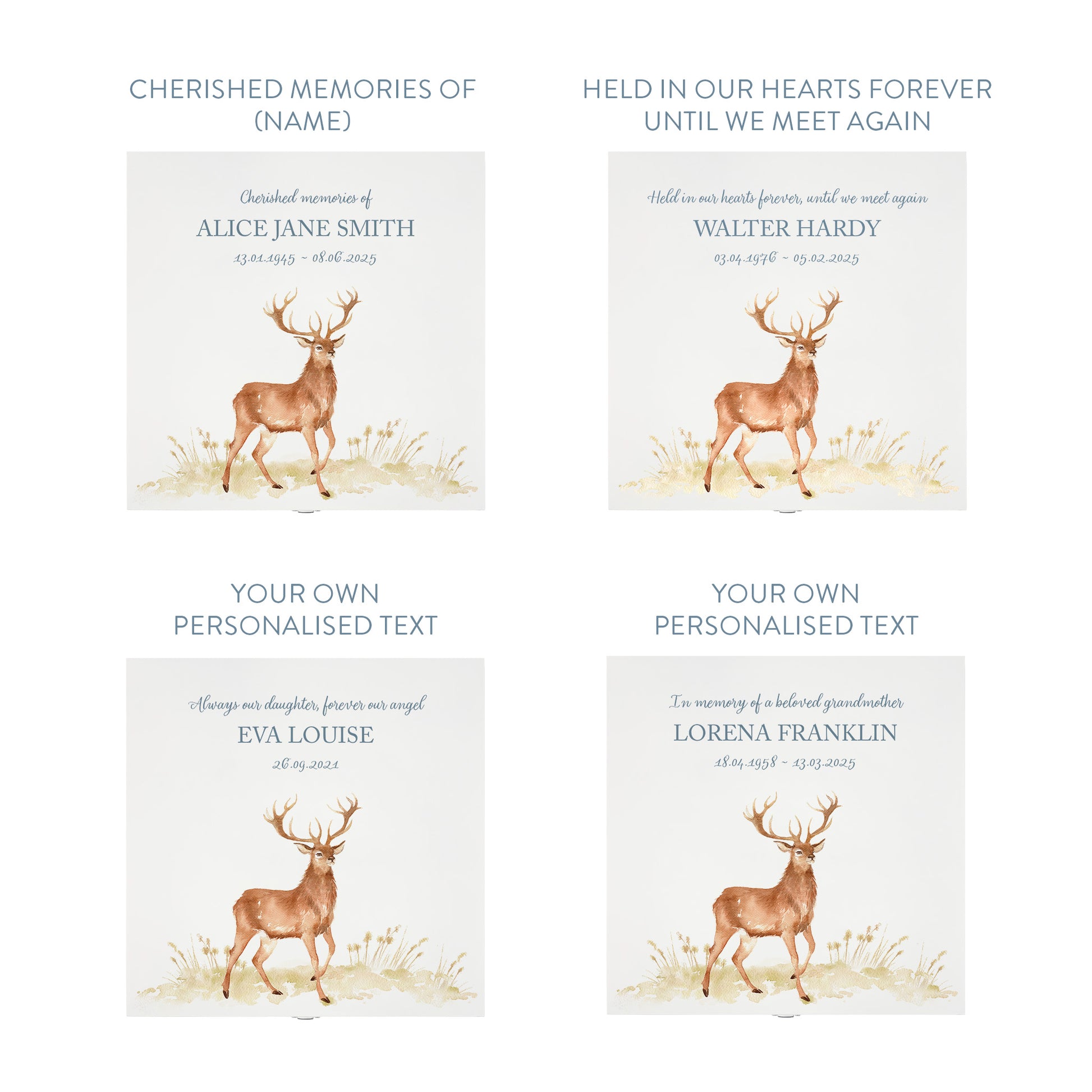 White Square personalised Wooden box with a decorative lid featuring illustrations of a majestic Stag Perfect funeral memory keepsake box, for storing ashes, order of service, flowers and capturing your loved ones things in one place.