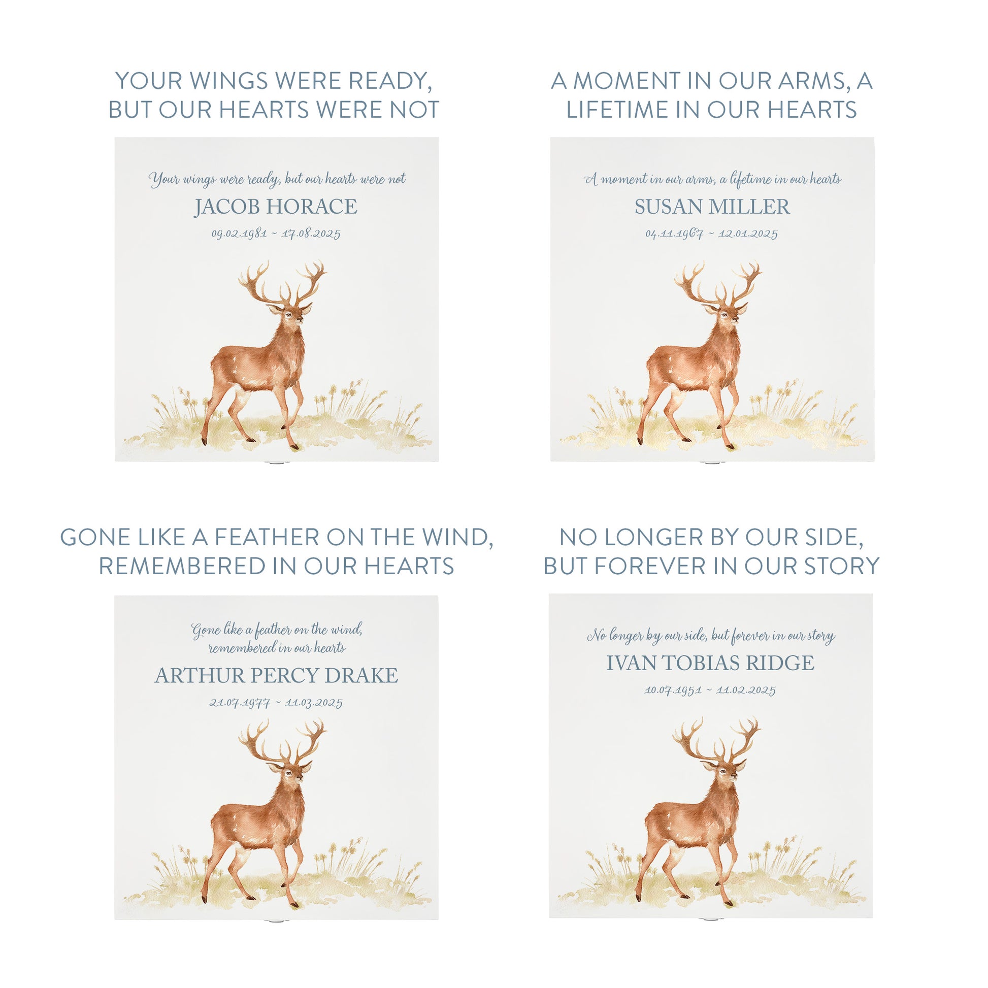 White Square personalised Wooden box with a decorative lid featuring illustrations of a majestic Stag Perfect funeral memory keepsake box, for storing ashes, order of service, flowers and capturing your loved ones things in one place.