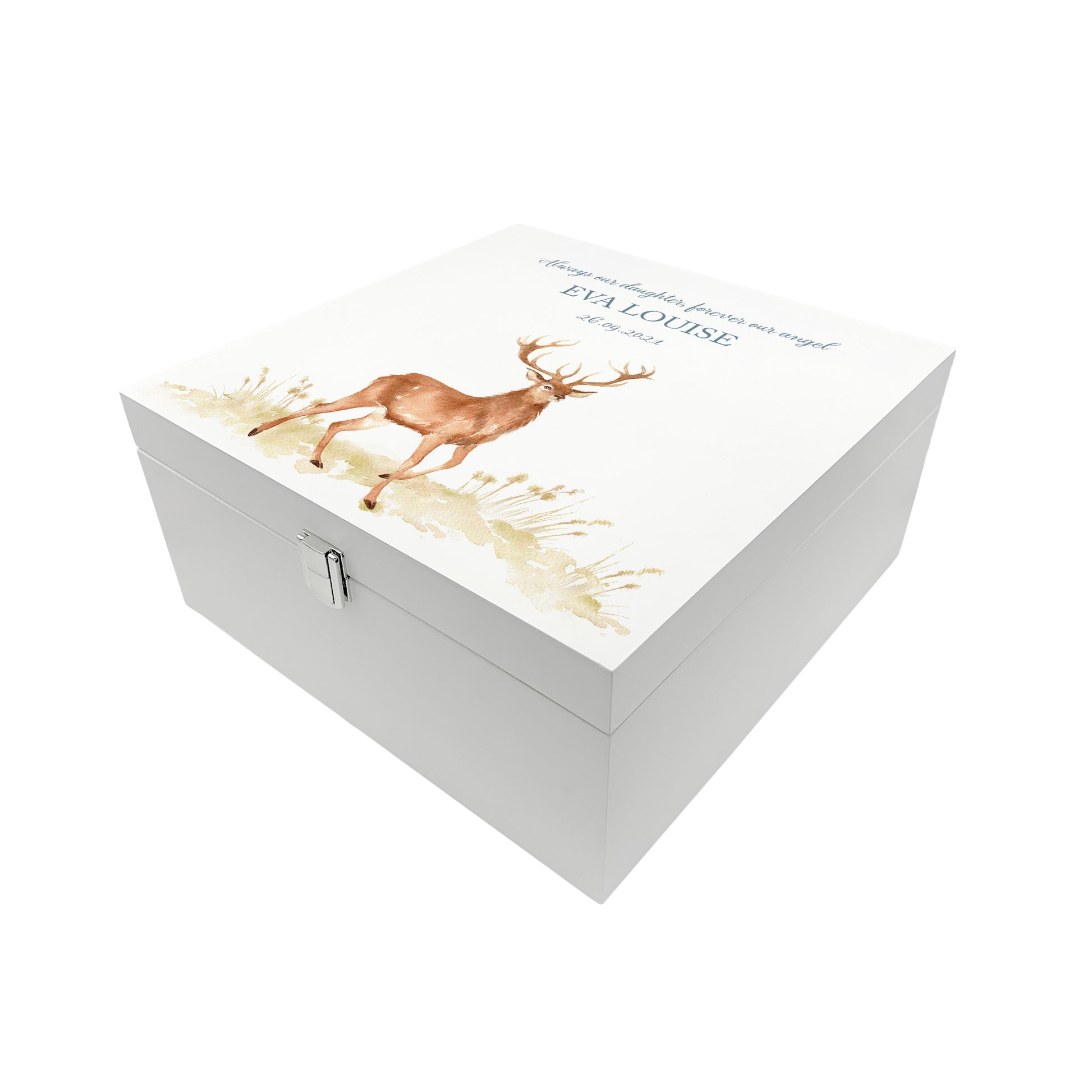 White Square personalised Wooden box with a decorative lid featuring illustrations of a majestic Stag Perfect funeral memory keepsake box, for storing ashes, order of service, flowers and capturing your loved ones things in one place.
