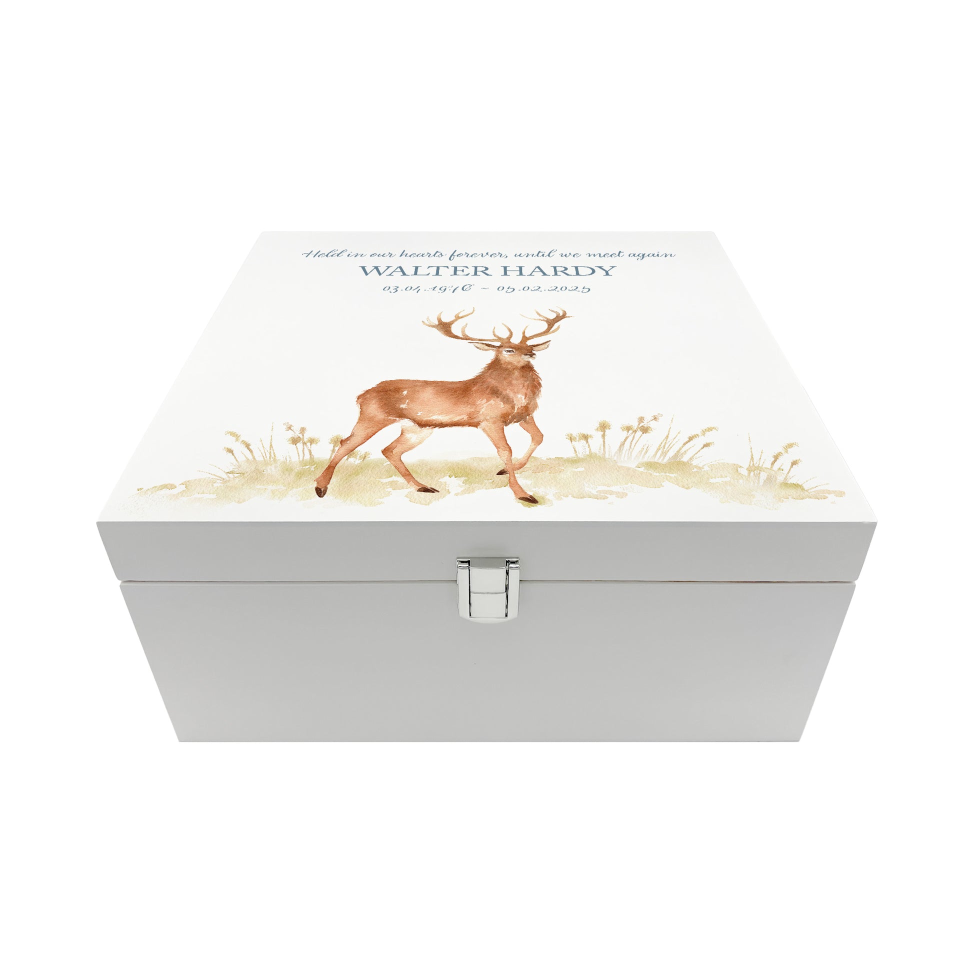 White Square personalised Wooden box with a decorative lid featuring illustrations of a majestic Stag Perfect funeral memory keepsake box, for storing ashes, order of service, flowers and capturing your loved ones things in one place.