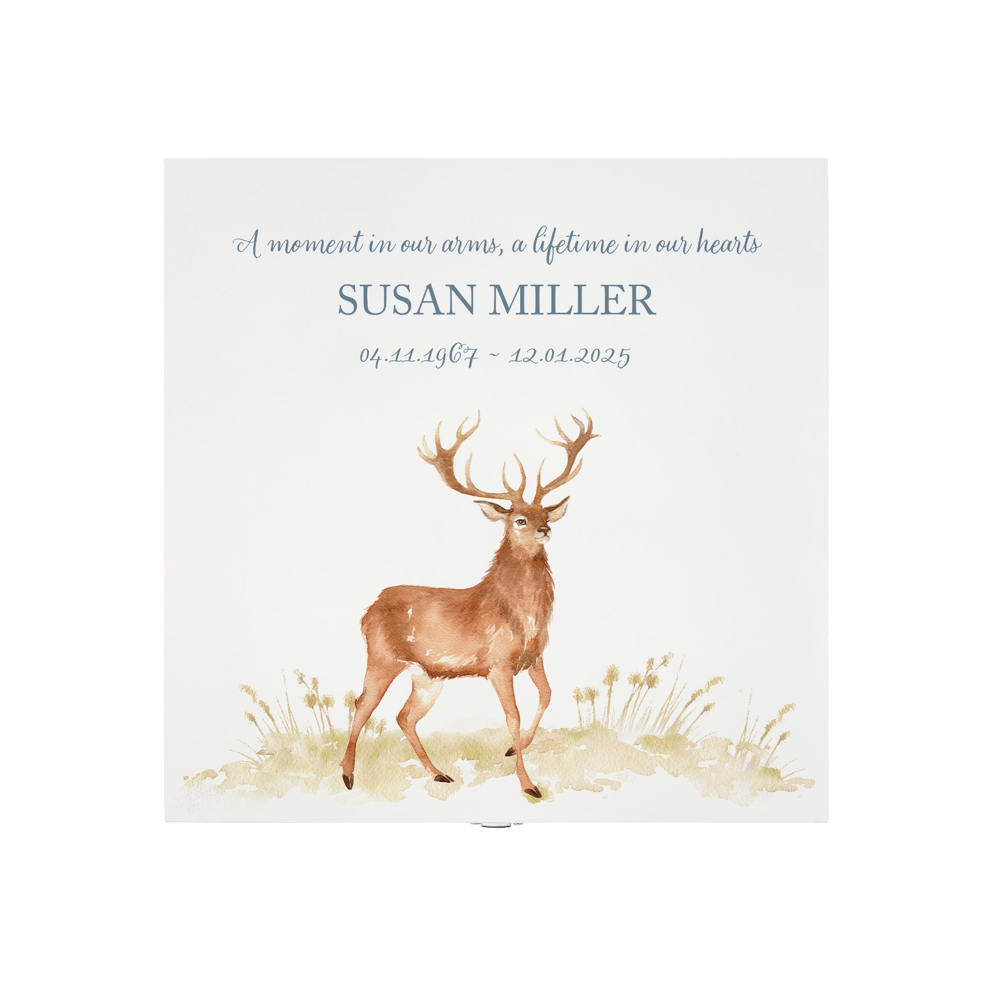 White Square personalised Wooden box with a decorative lid featuring illustrations of a majestic Stag Perfect funeral memory keepsake box, for storing ashes, order of service, flowers and capturing your loved ones things in one place.