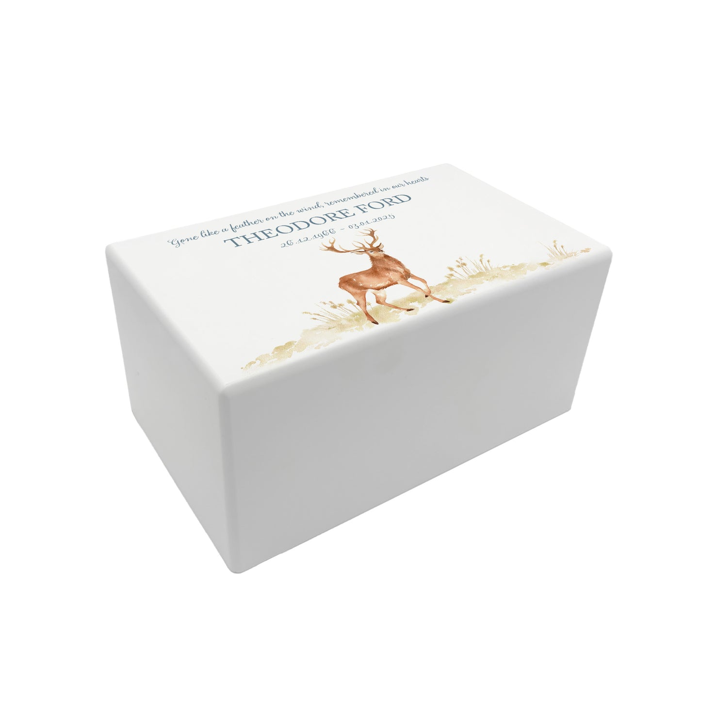 Luxury solid wooden white painted Urn with a majestic Stag, a watercolour illustration, our urns and Caskets for displaying or burying ashes. Customisable and can be personalised. Perfect funeral memory keepsake urn, for storing ashes for humans and pets.
