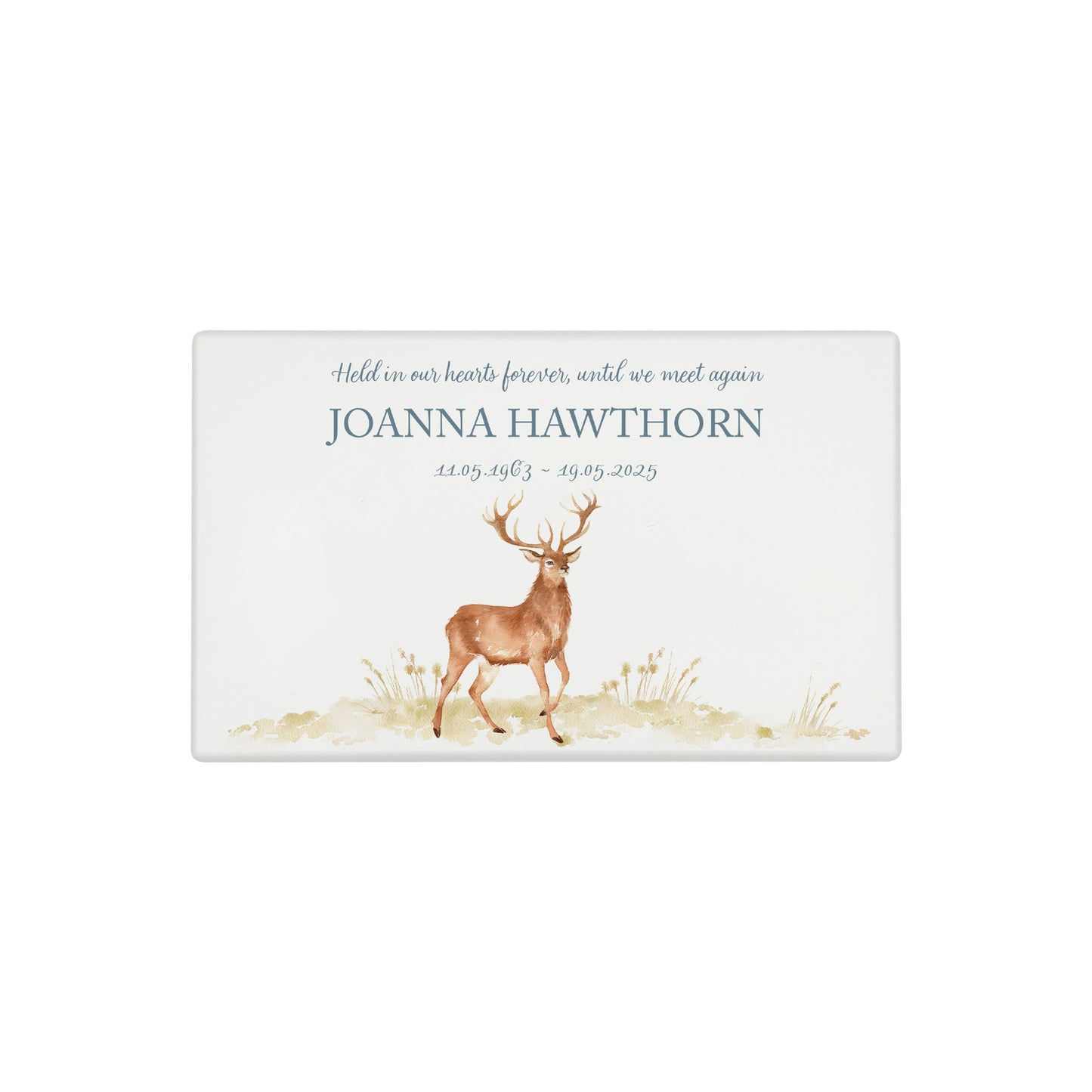Luxury solid wooden white painted Urn with a majestic Stag, a watercolour illustration, our urns and Caskets for displaying or burying ashes. Customisable and can be personalised. Perfect funeral memory keepsake urn, for storing ashes for humans and pets.