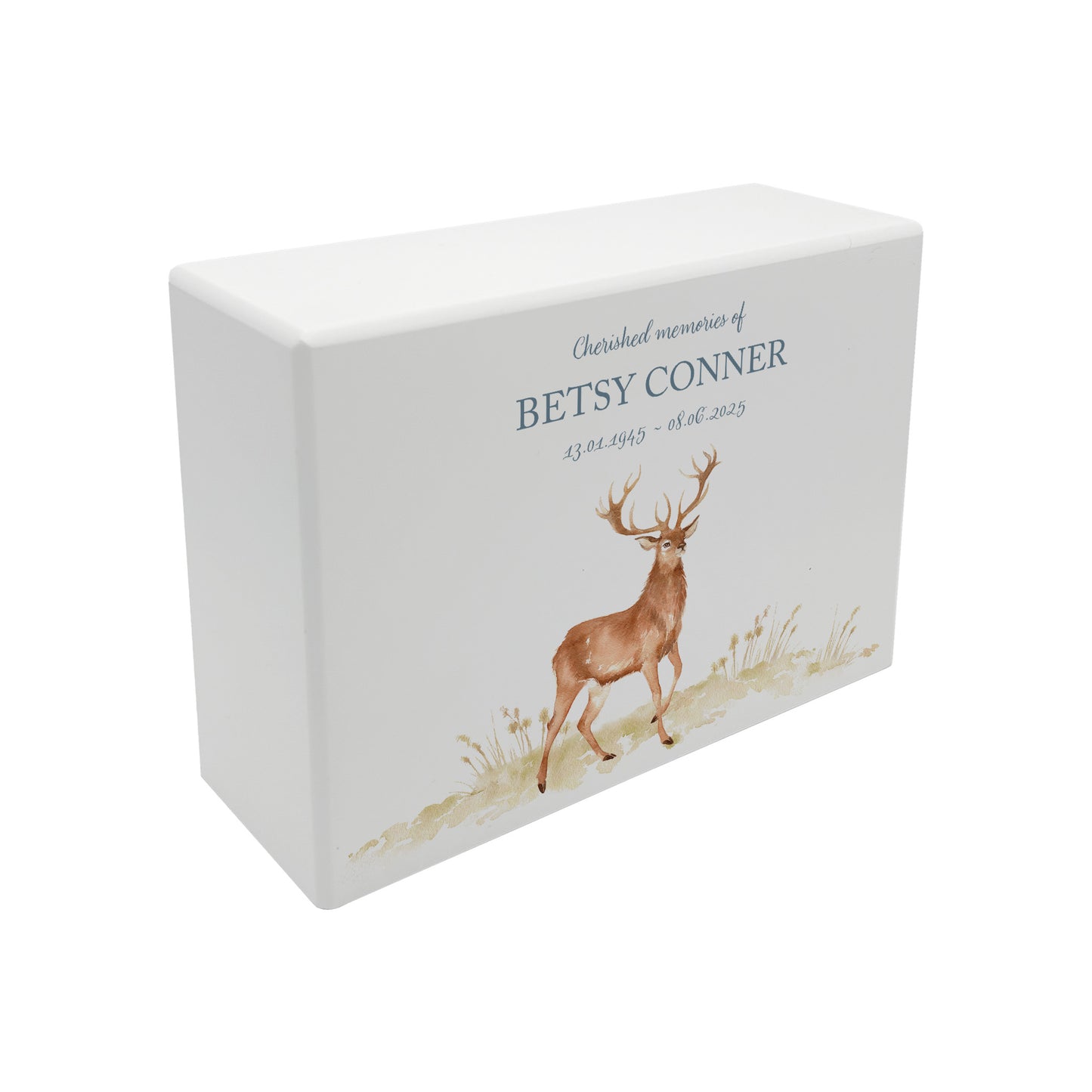 Luxury solid wooden white painted Majestic Stag watercolour illustration our urns and Caskets for displaying or burying ashes. Customisable and can be personalised. Perfect funeral memory keepsake urn, for storing ashes for humans and pets.