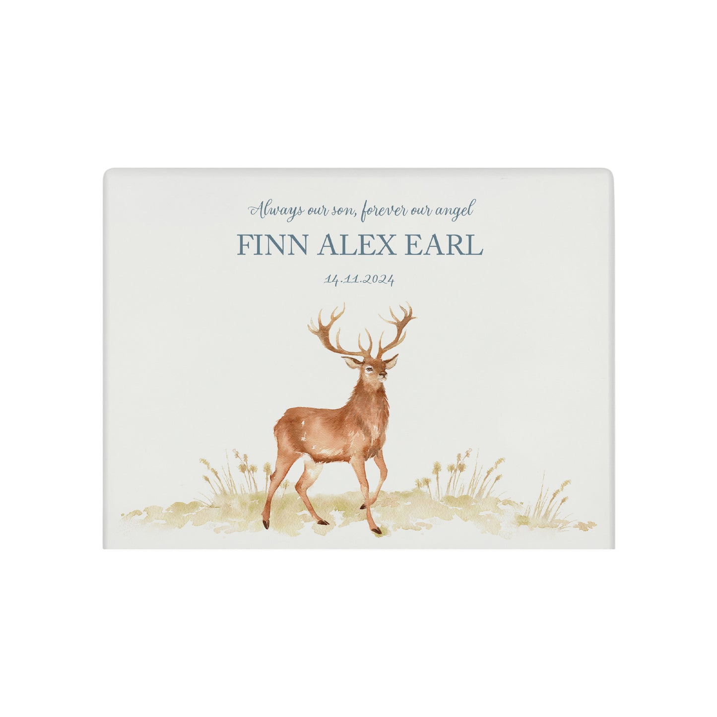 Luxury solid wooden white painted Majestic Stag watercolour illustration our urns and Caskets for displaying or burying ashes. Customisable and can be personalised. Perfect funeral memory keepsake urn, for storing ashes for humans and pets.