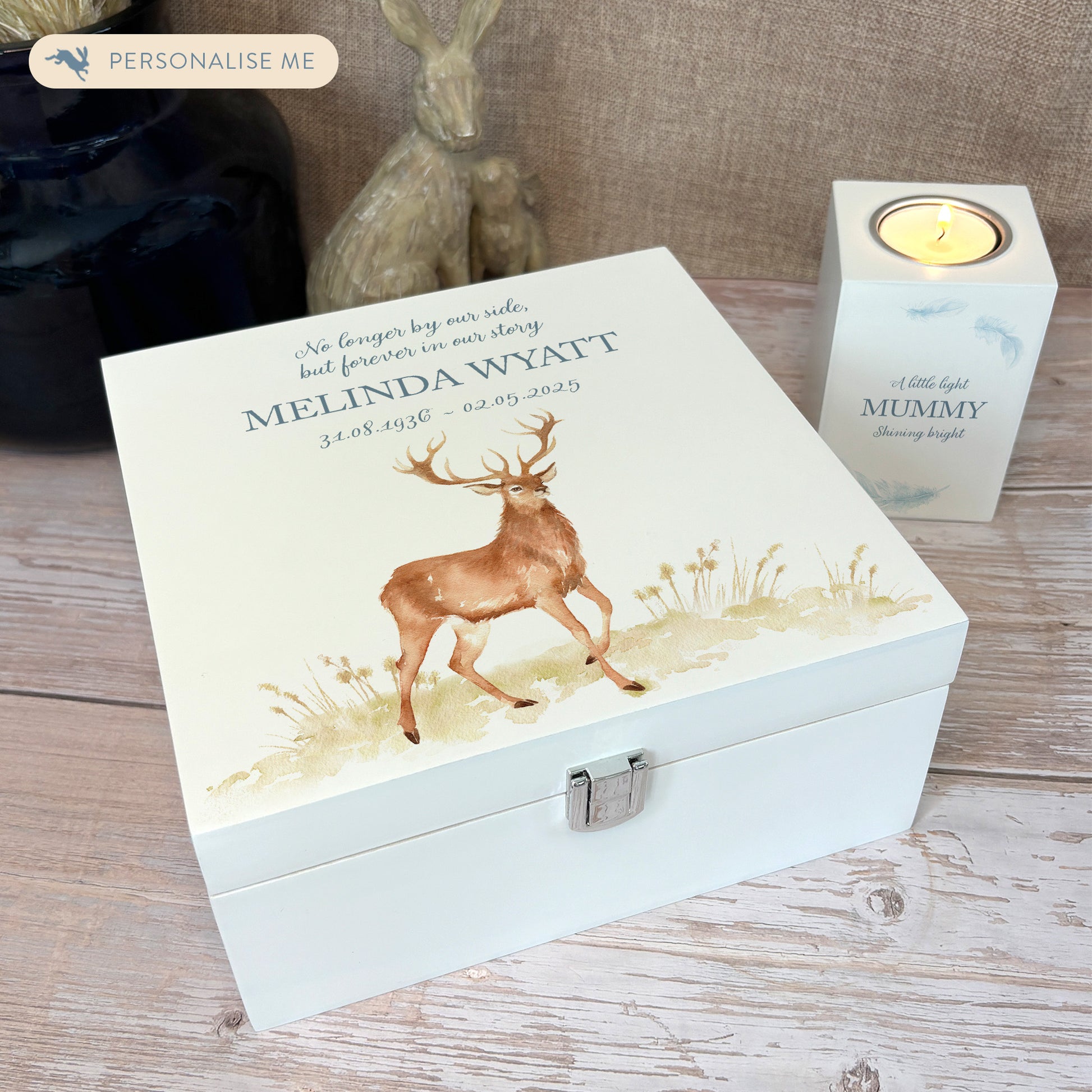 White Square personalised Wooden box with a decorative lid featuring illustrations of a majestic Stag Perfect funeral memory keepsake box, for storing ashes, order of service, flowers and capturing your loved ones things in one place.