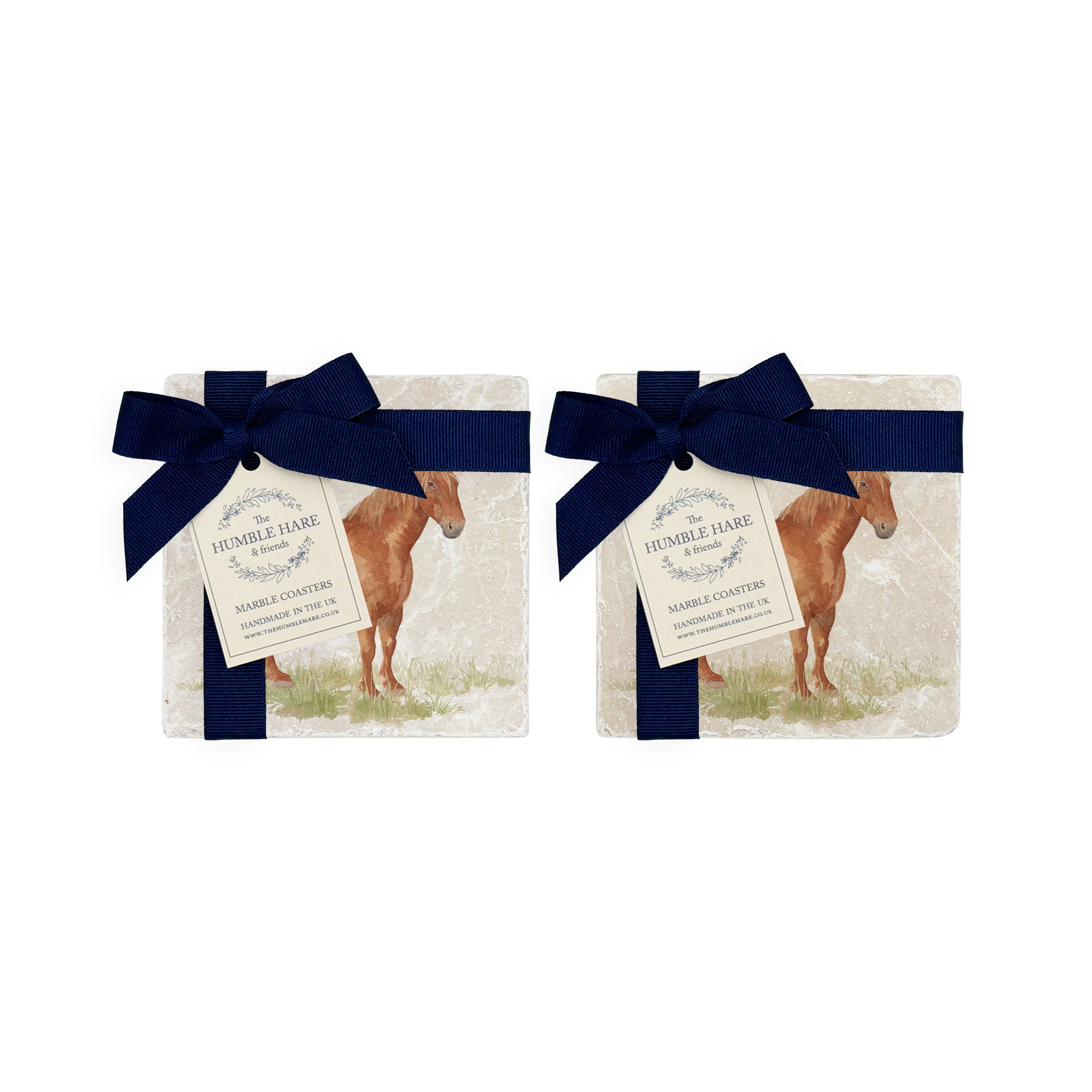 A set of 4 handmade marble coasters featuring a watercolour Suffolk Punch horse design, packaged in 2 pairs, with a luxurious blue bow and gift tag.