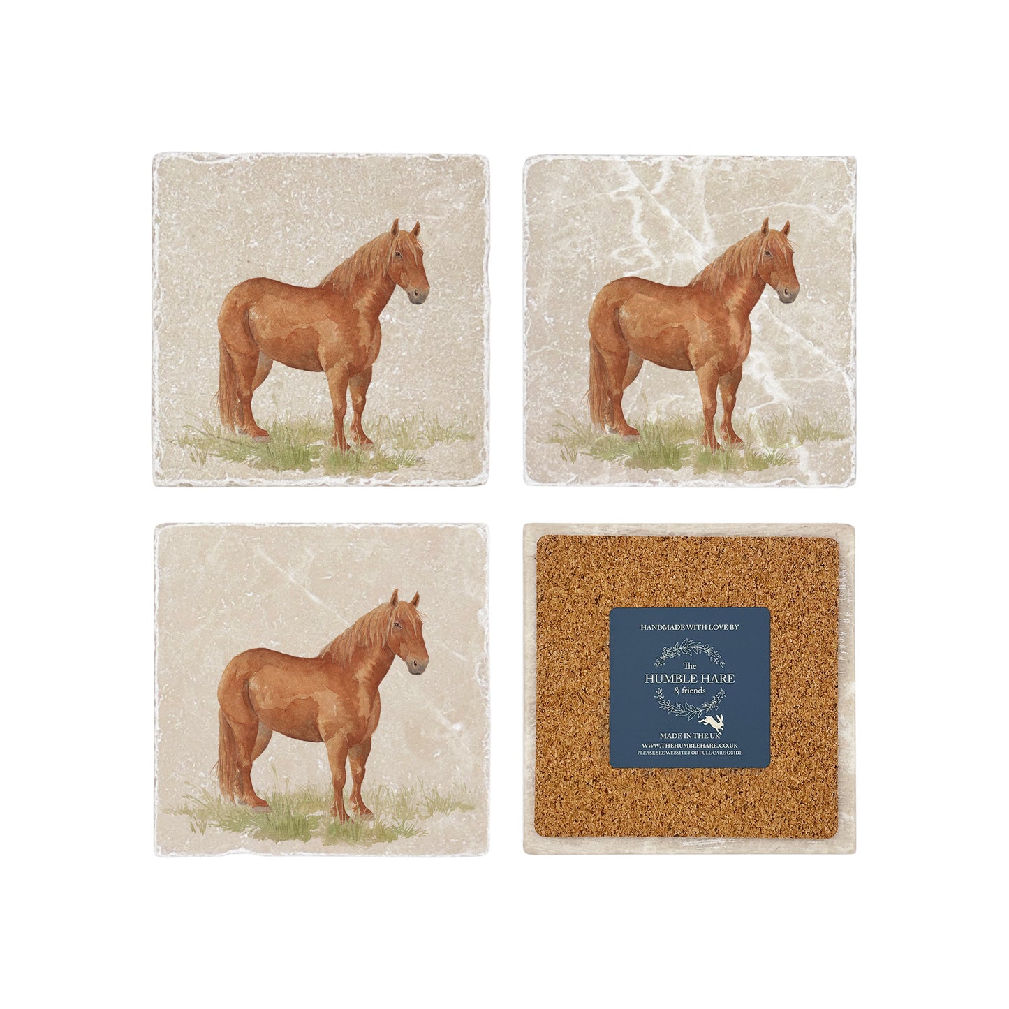 A set of 4 square marble coasters, featuring a watercolour design of a Suffolk Punch horse. One coaster is flipped to show that the coasters are backed with cork.