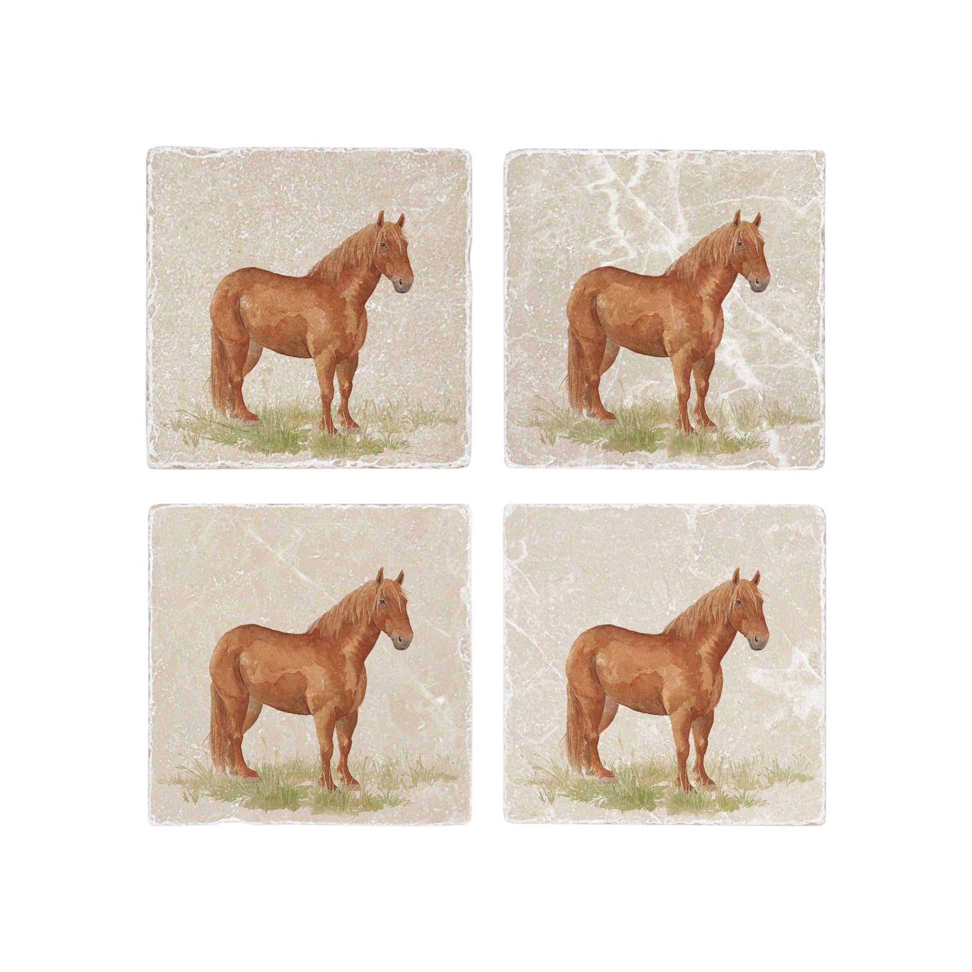 A set of 4 square marble coasters, featuring a watercolour design featuring a watercolour design of a rare breed Suffolk Punch horse in a grassy field.