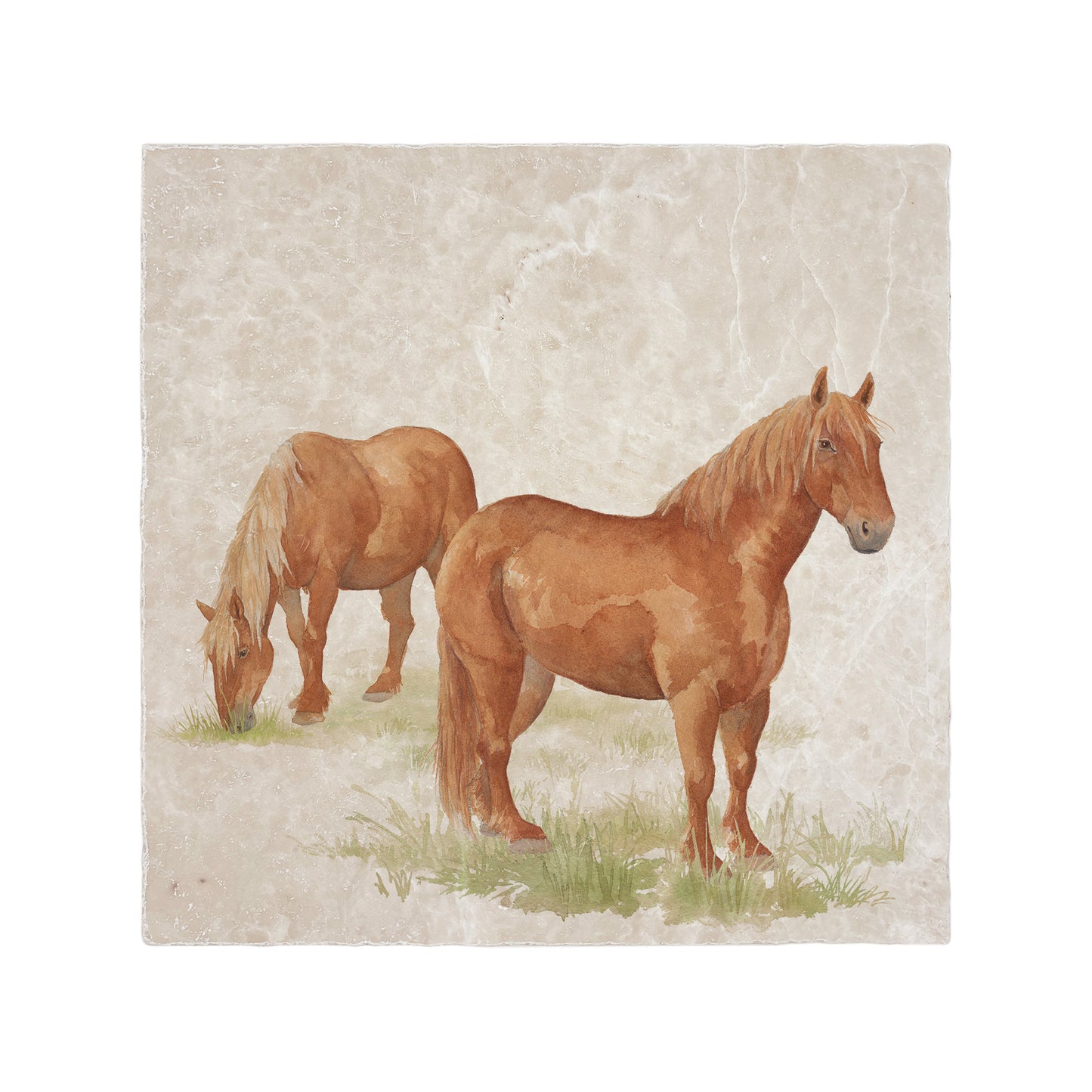 A handmade square cream marble splashback tile featuring a watercolour design of two Suffolk Punch horses.
