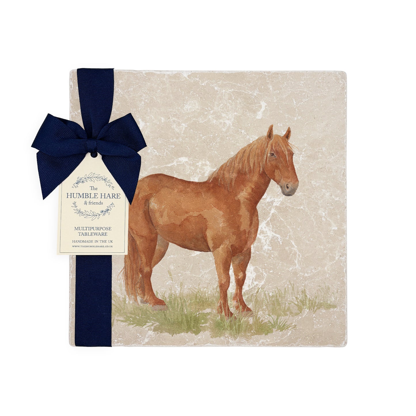 A medium multipurpose marble platter with a Suffolk Punch horse design, packaged with a luxurious dark blue bow and branded gift tag.