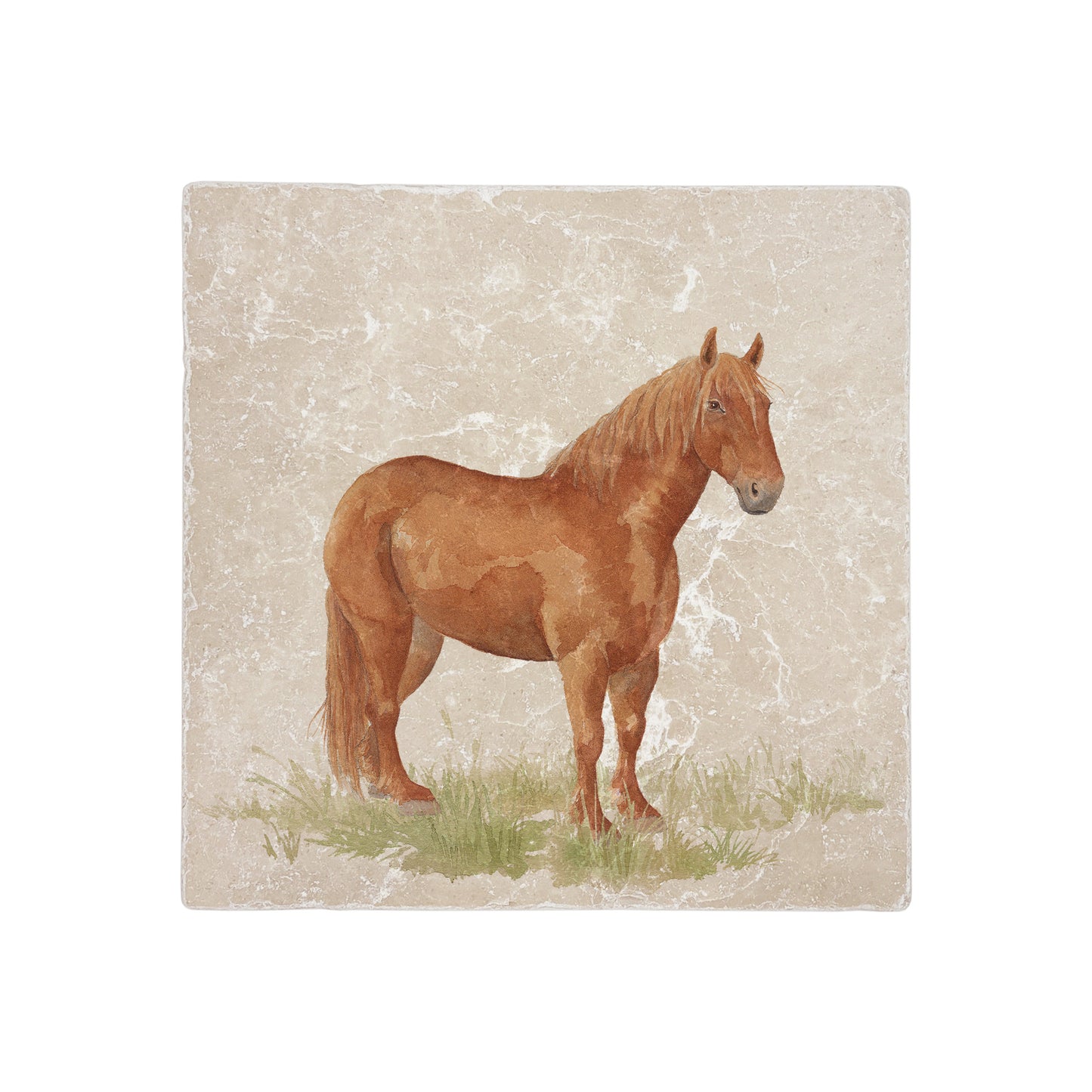 A handmade cream marble splashback tile featuring a watercolour countryside animal design of a Suffolk Punch horse.
