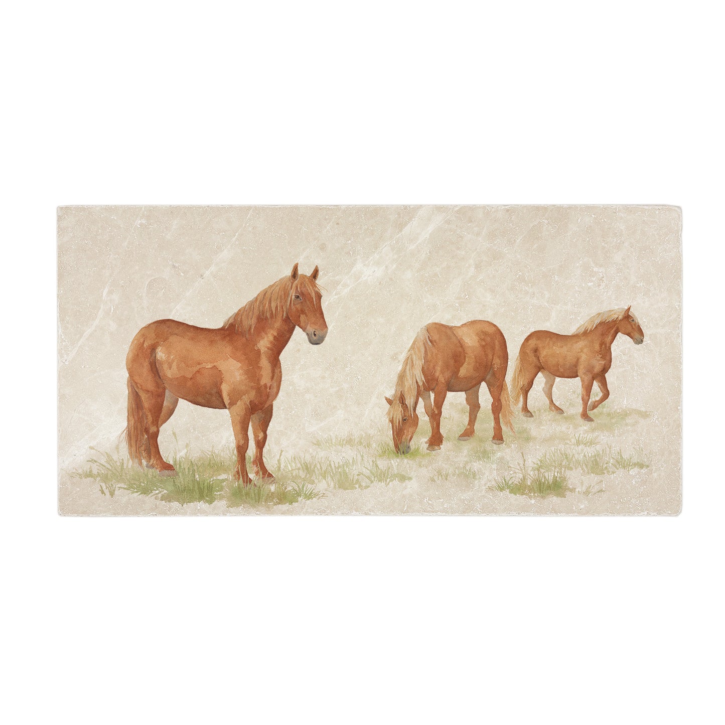 A 20x40cm marble splashback tile, featuring a watercolour design of Suffolk Punch horses in a field.