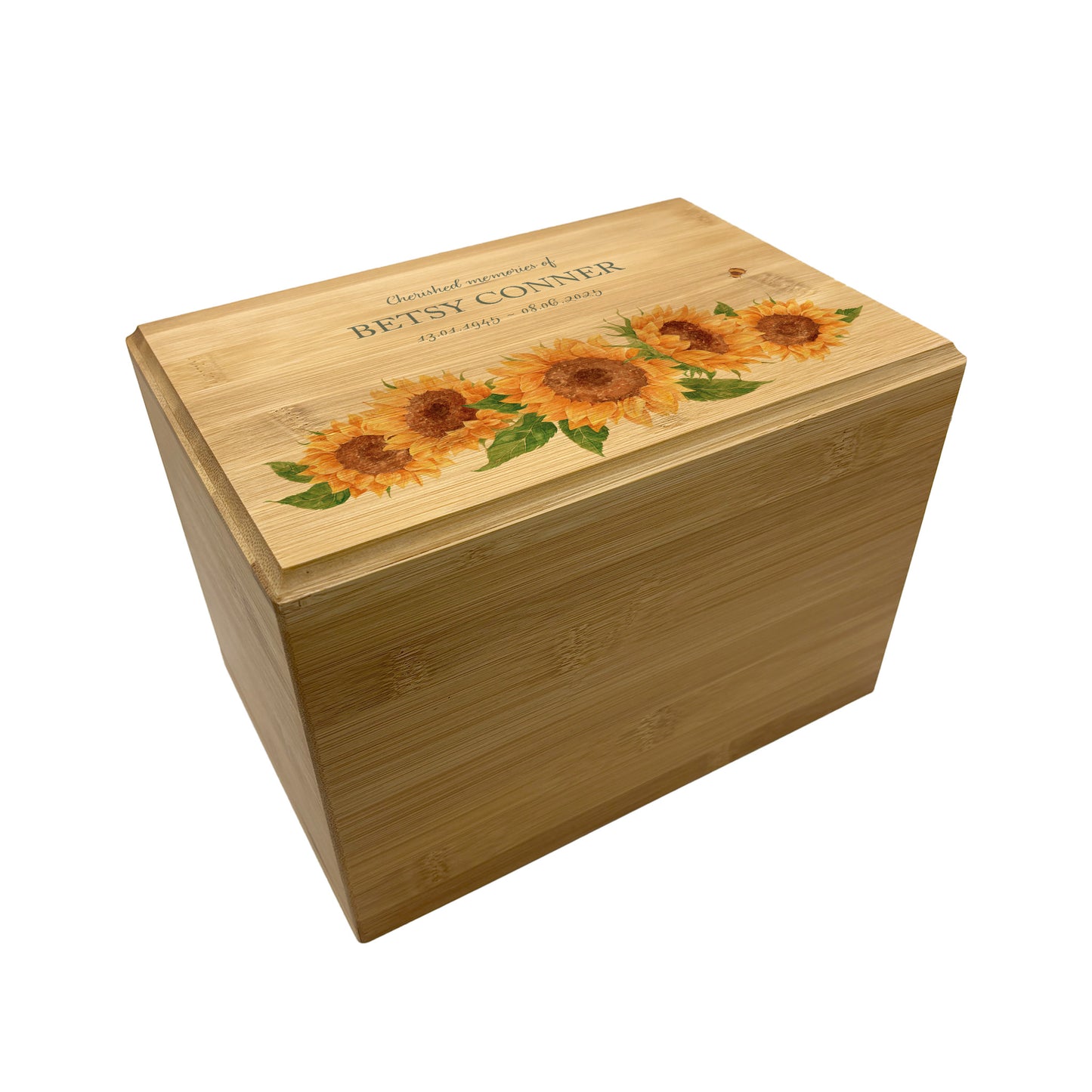 A beautifully crafted solid Bamboo wooden urn, personalised and finished with a soft watercolour design of Sunflowers and buzzy bees. Thoughtfully made for either display or burial, this personalised urn can be customised to create a meaningful memorial. Perfect for holding ashes of a loved one or a beloved pet, it serves as a comforting tribute and keepsake.