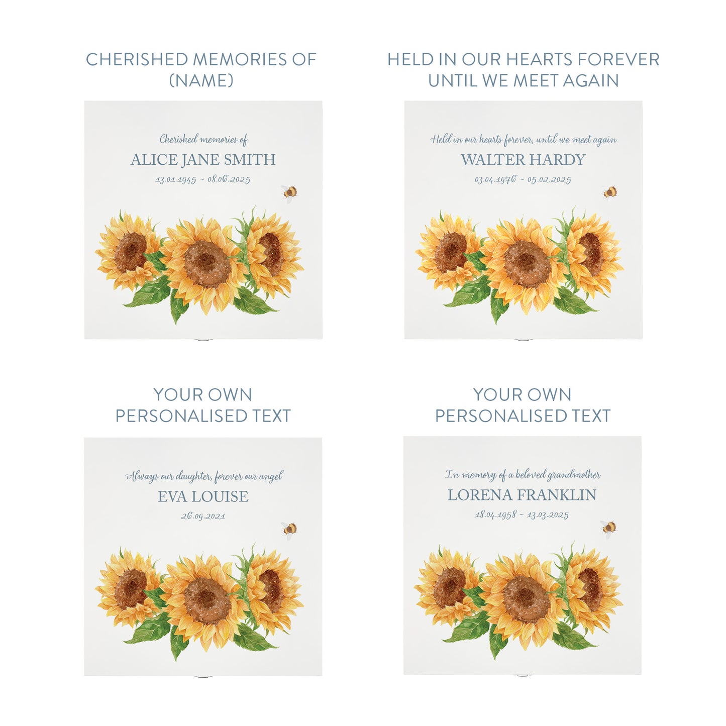 White Square personalised Wooden box with a decorative lid featuring illustrations of Sunflowers and a buzzy bee Perfect funeral memory keepsake box, for storing ashes, order of service, flowers and capturing your loved ones things in one place.